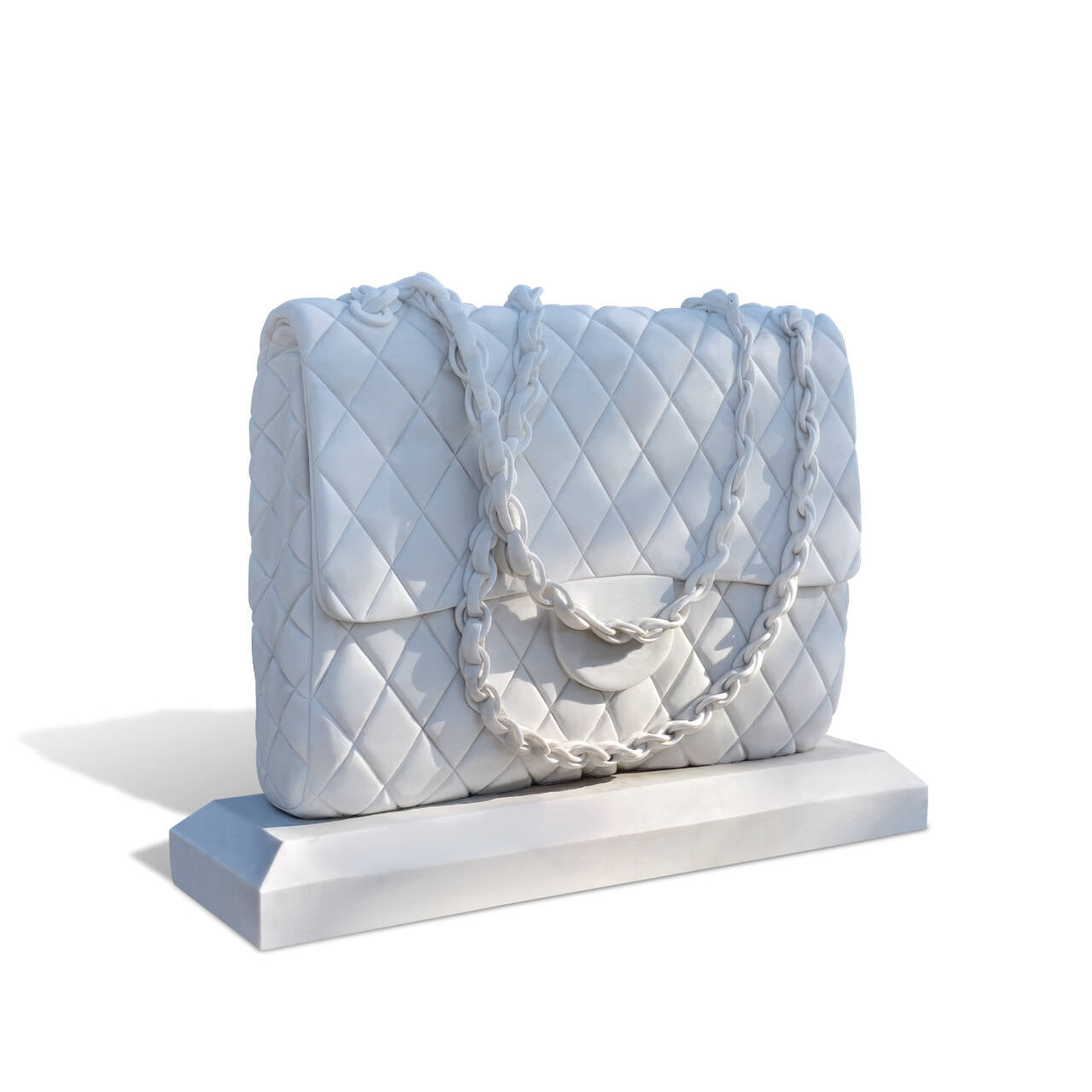 white marble handbag statue, modern fashion decor sculpture, handcrafted luxury marble bag art