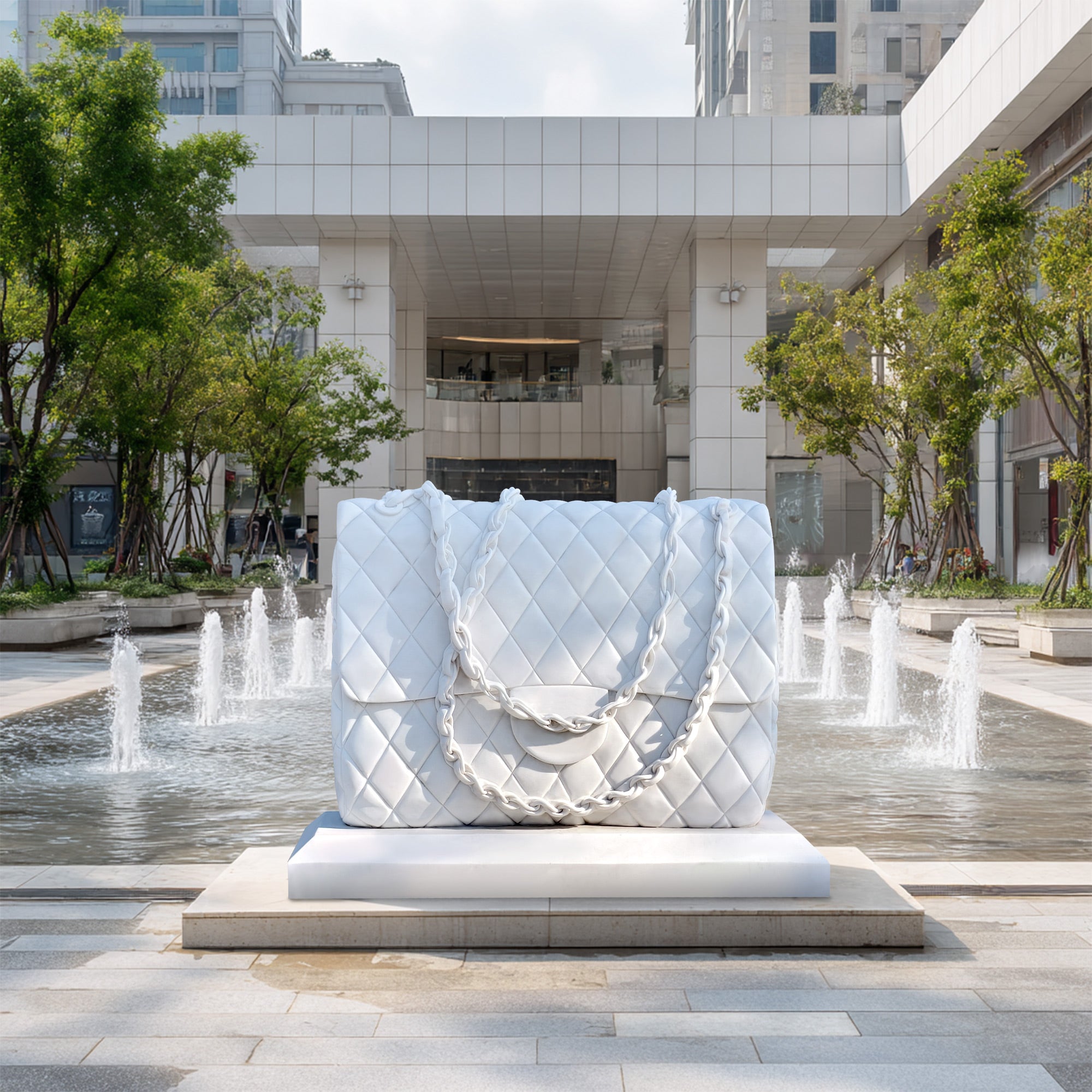 large outdoor marble quilted handbag sculpture, luxury fashion bag art for garden and public spaces