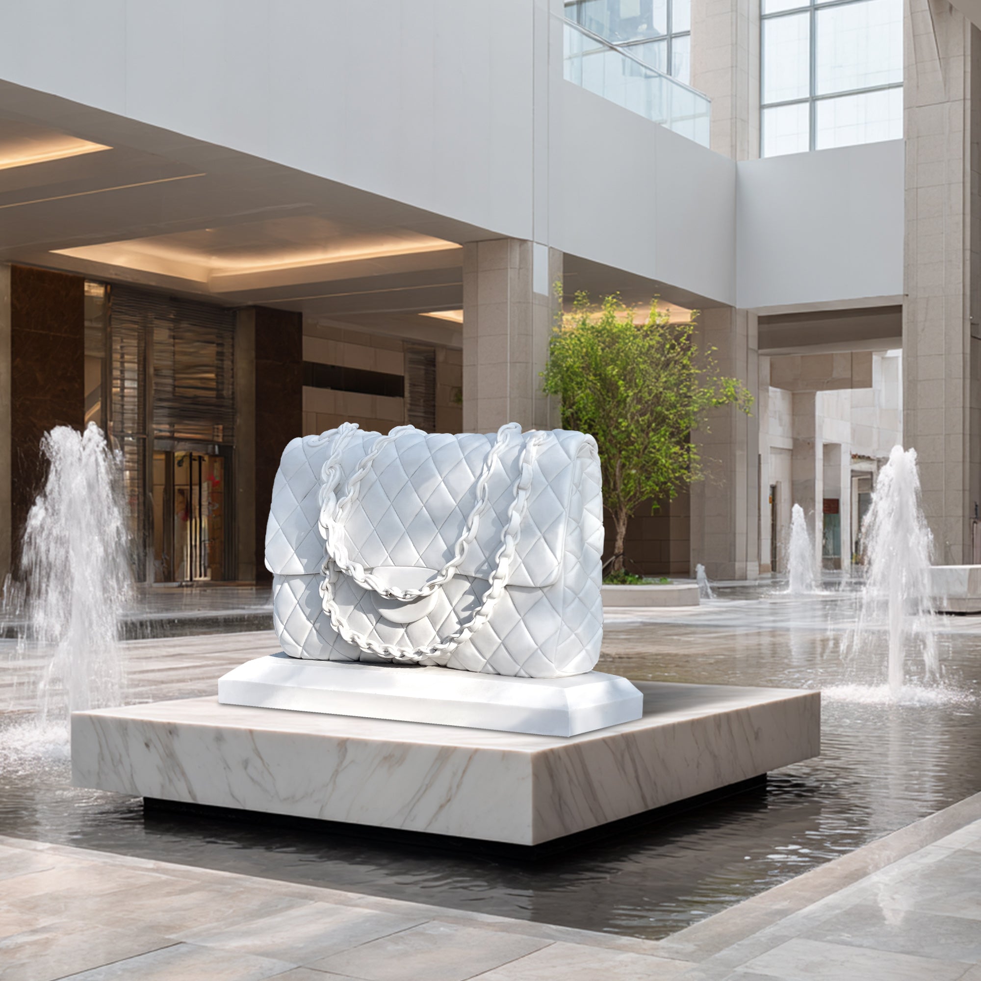 elegant marble handbag sculpture for retail display, shopping mall decor, and high-end fashion store interiors
