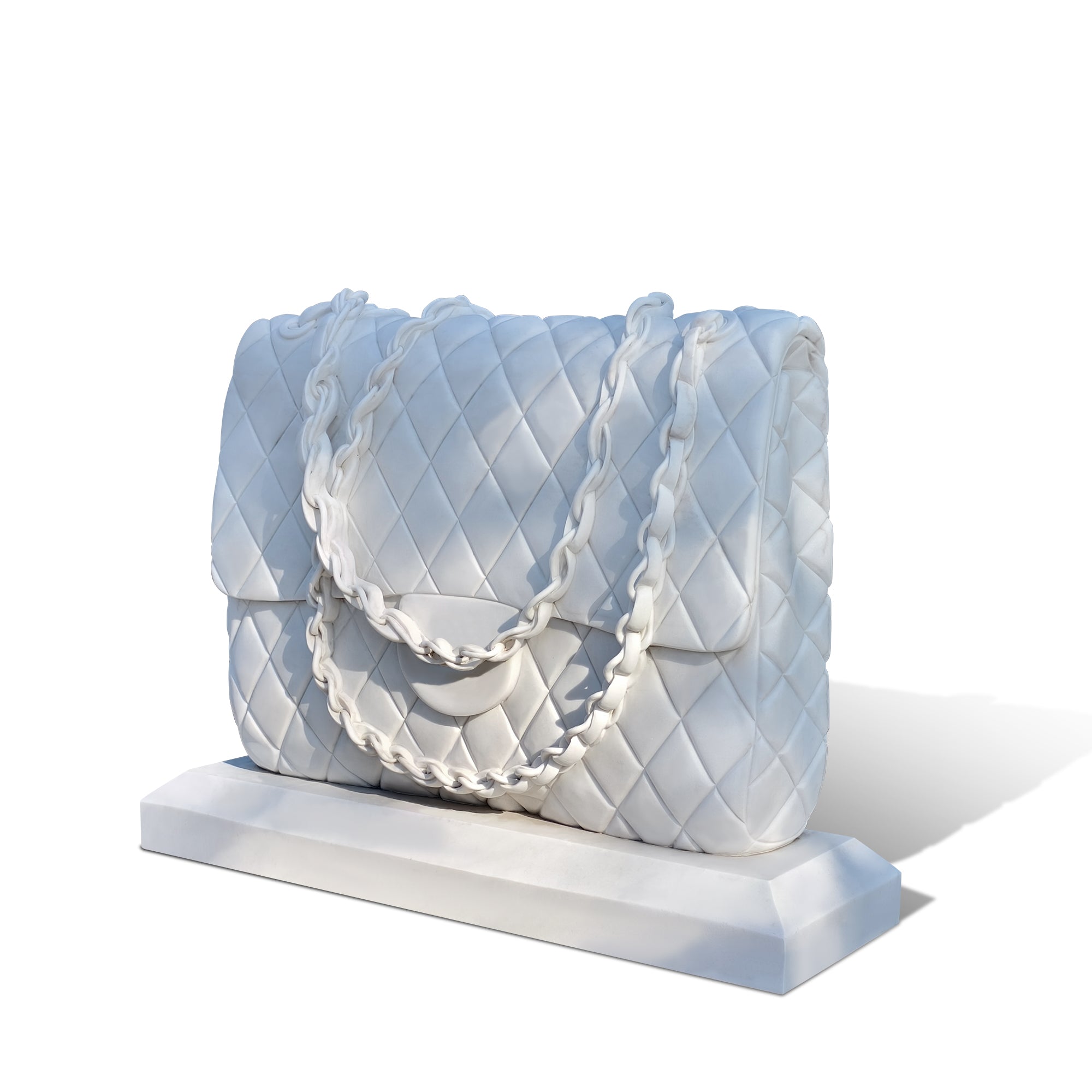 oversized marble fashion bag sculpture, statement marble handbag artwork for commercial spaces and showrooms