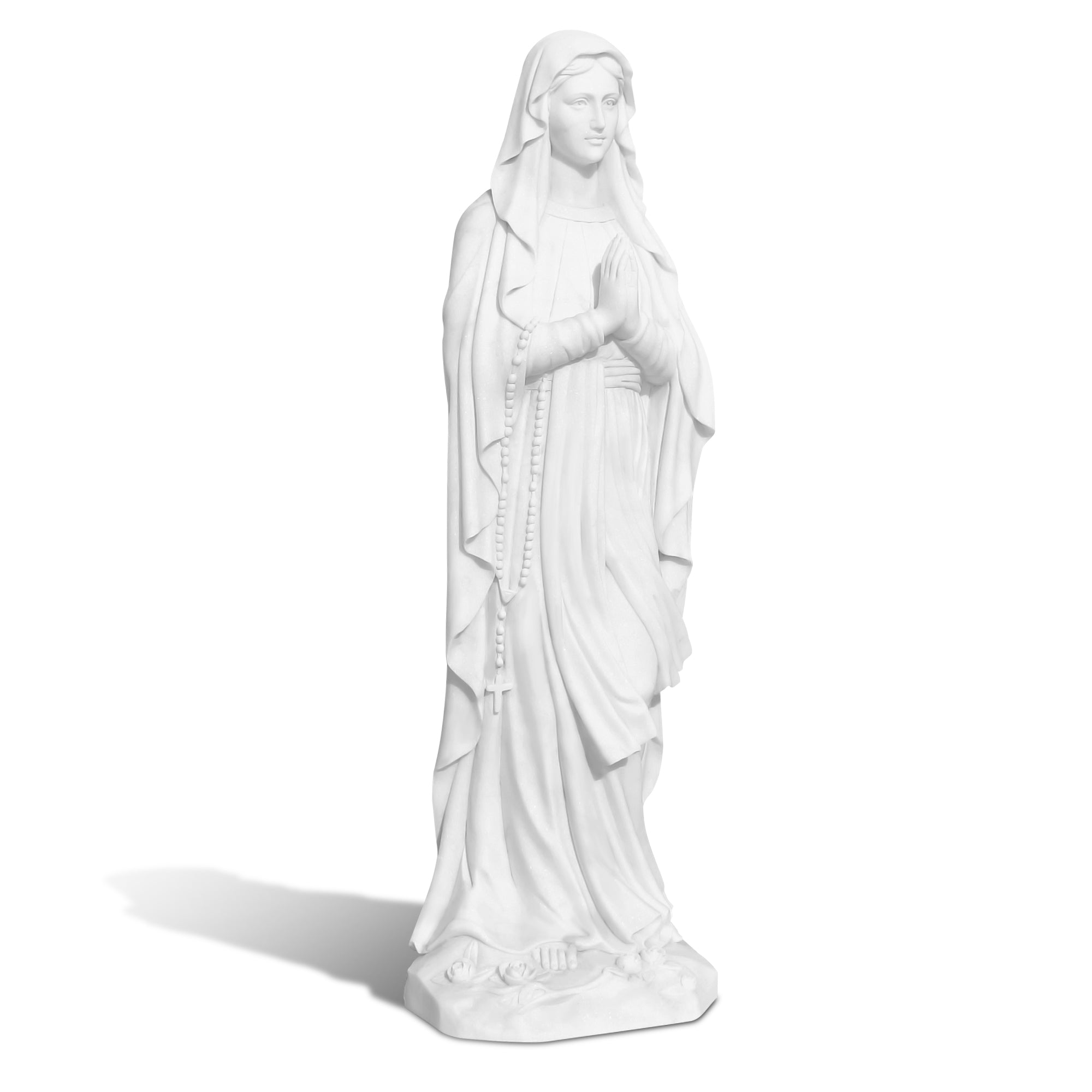 Our Lady of Lourdes marble statue in prayer pose, photographed on white background, full white marble sculpture