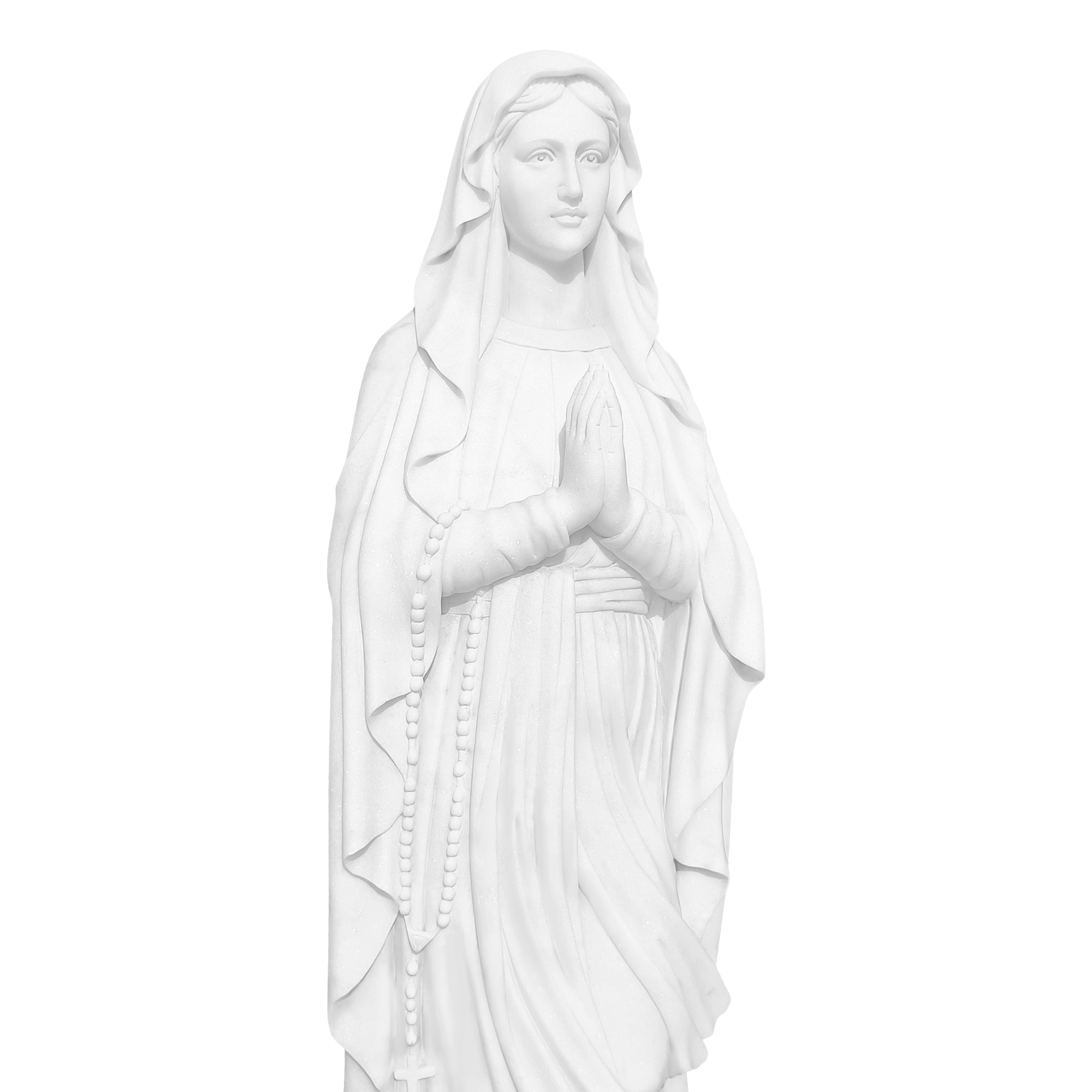 Marble Virgin Mary statue standing in prayer on white background, showcasing detailed craftsmanship