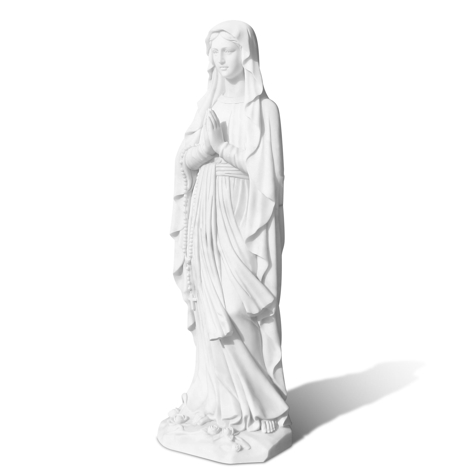 Our Lady of Lourdes marble sculpture showing Virgin Mary in prayer pose, white marble religious décor piece