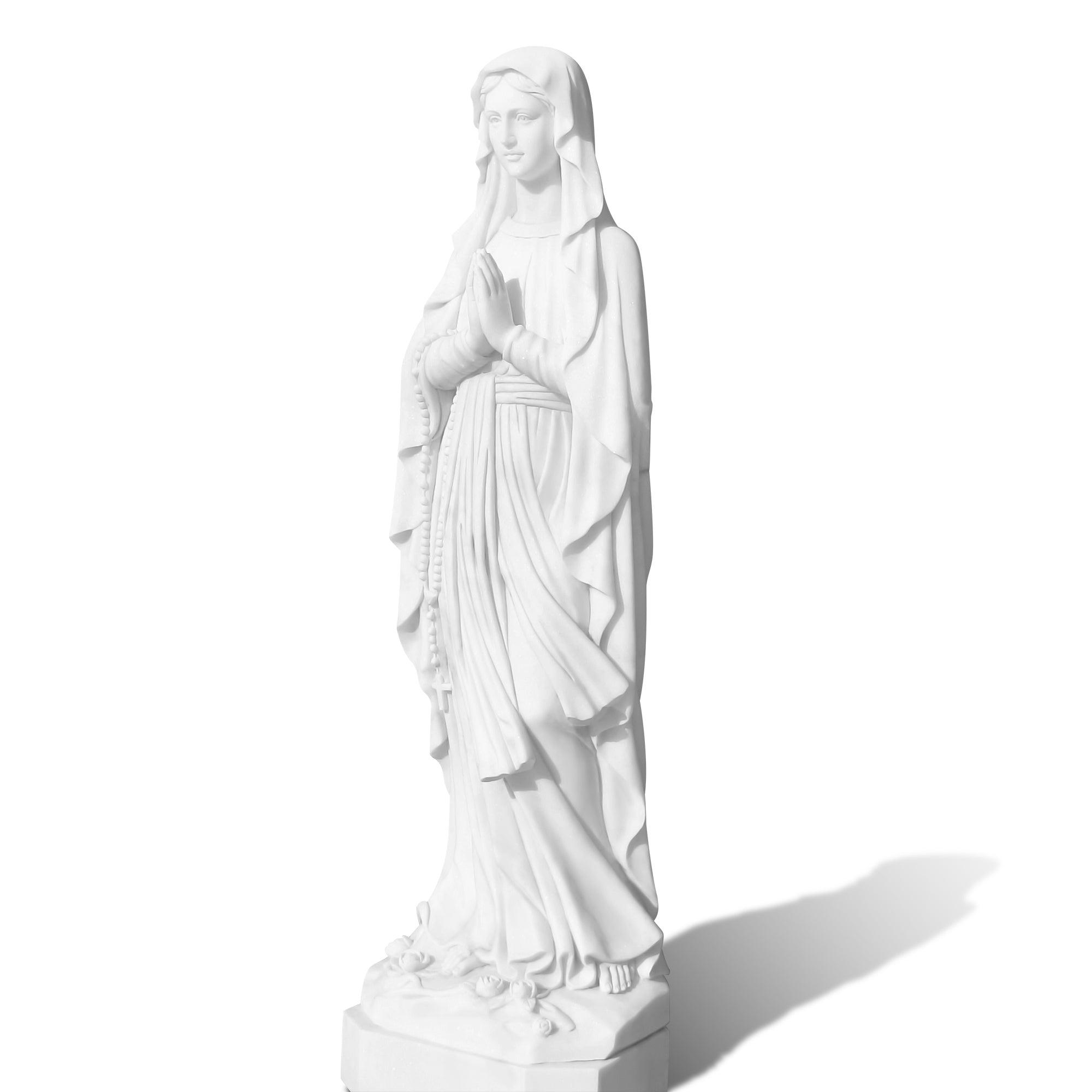 Virgin Mary white marble statue in prayer pose, ideal for devotional indoor or outdoor placement