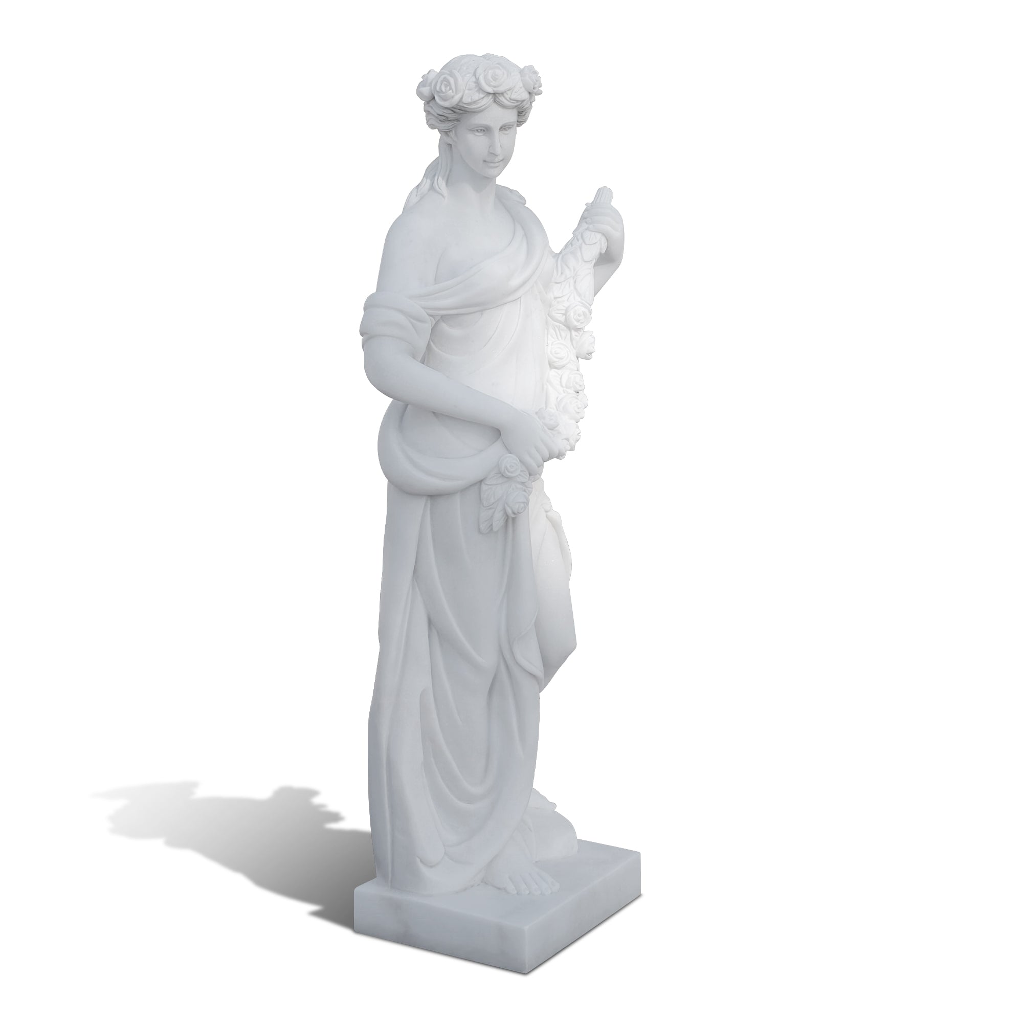 Full view of marble Spring goddess statue with flowing drapery