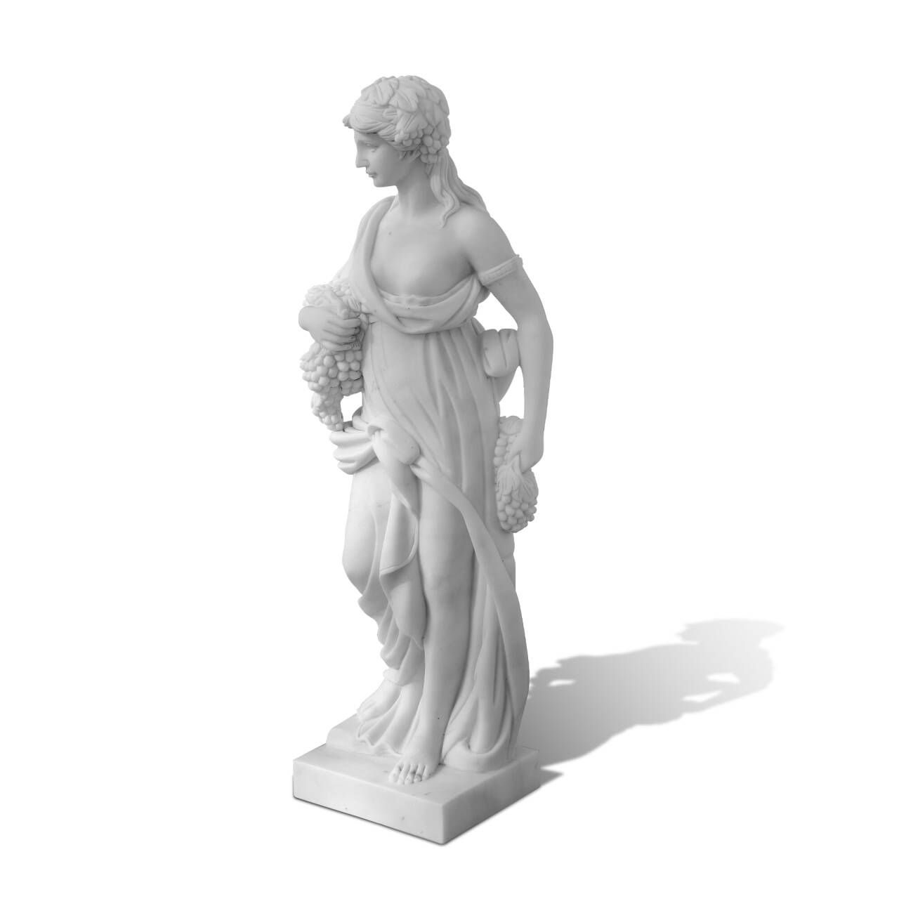 marble autumn goddess statue with vineyard motif outdoors, detailed hand carved sculpture for parks, lawns, and villas