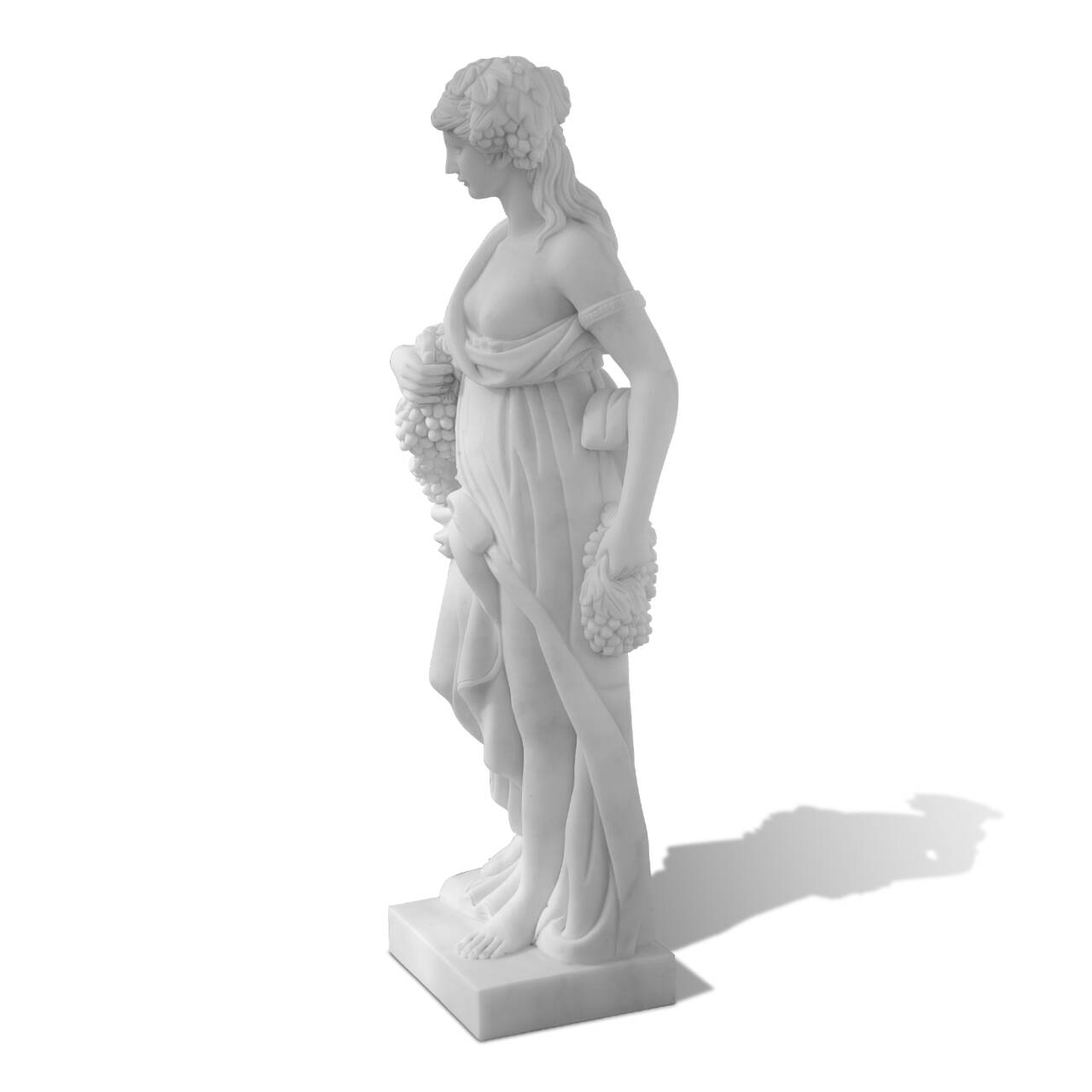 outdoor marble autumn statue with grapes for courtyard décor, seasonal goddess sculpture enhancing gardens, terraces, and estates