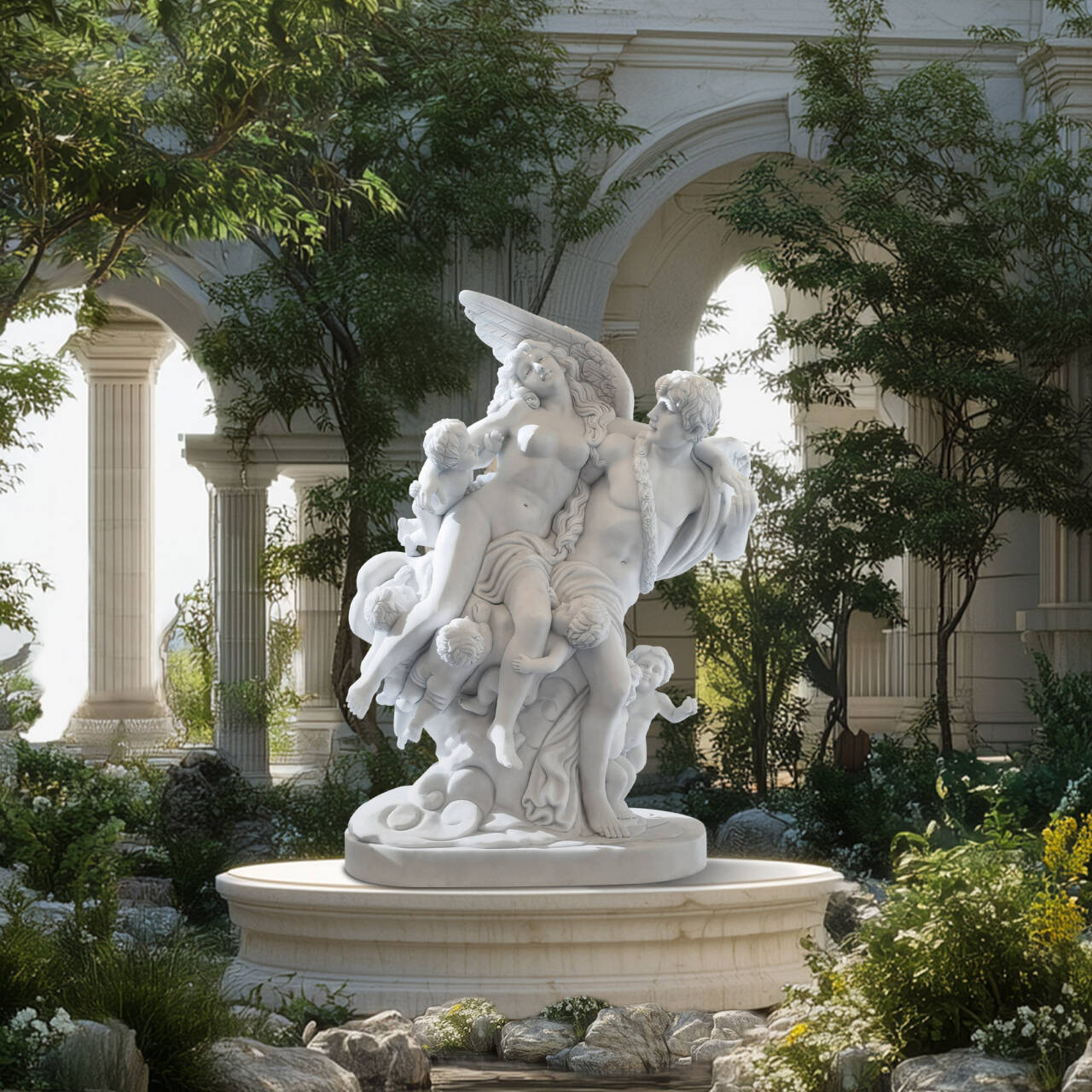 White marble reproduction of Clodion’s Cupid and Psyche displayed in gardens.