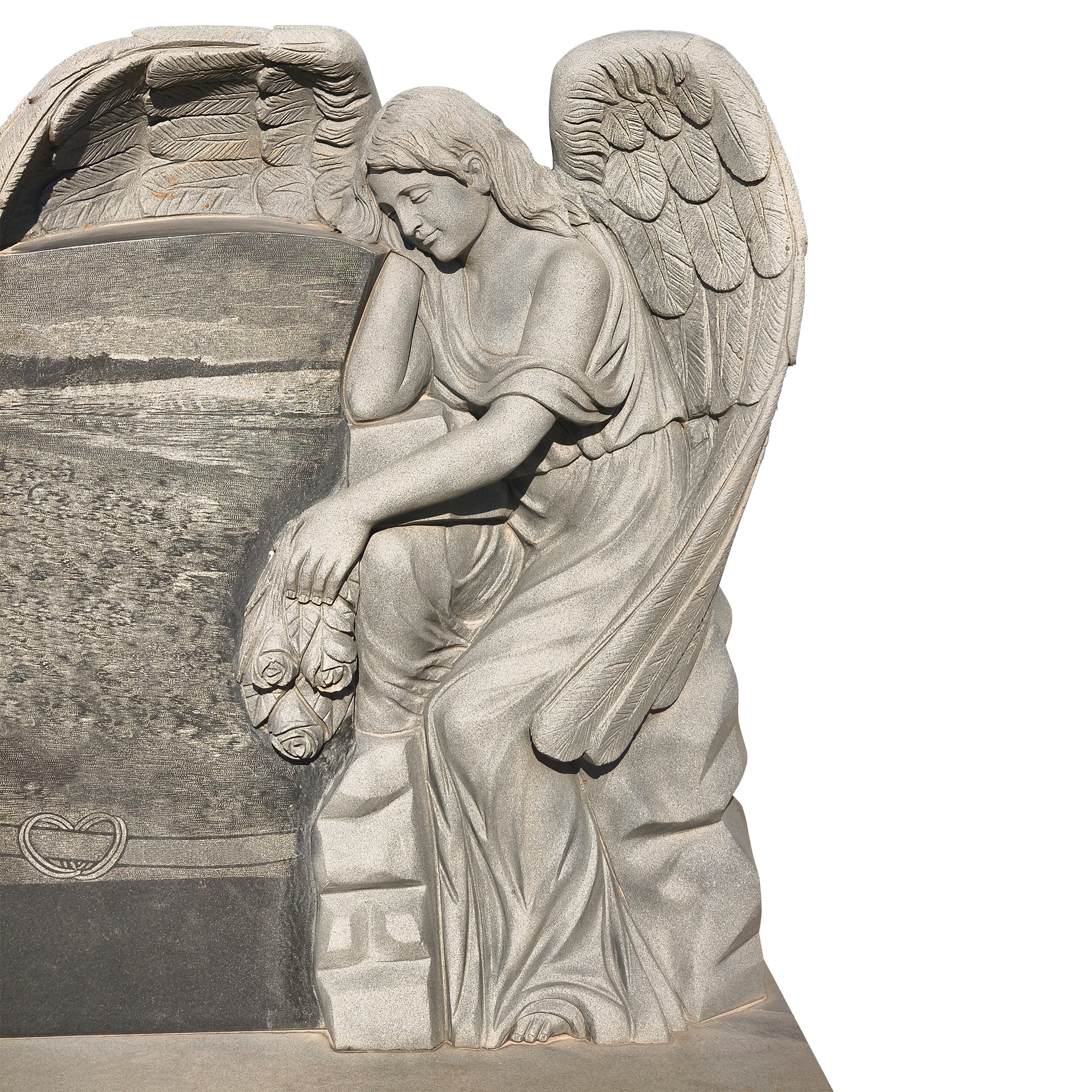 angel tombstone crafted from grey granite, showing angel leaning with roses, a cemetery memorial representing comfort and everlasting memory.
