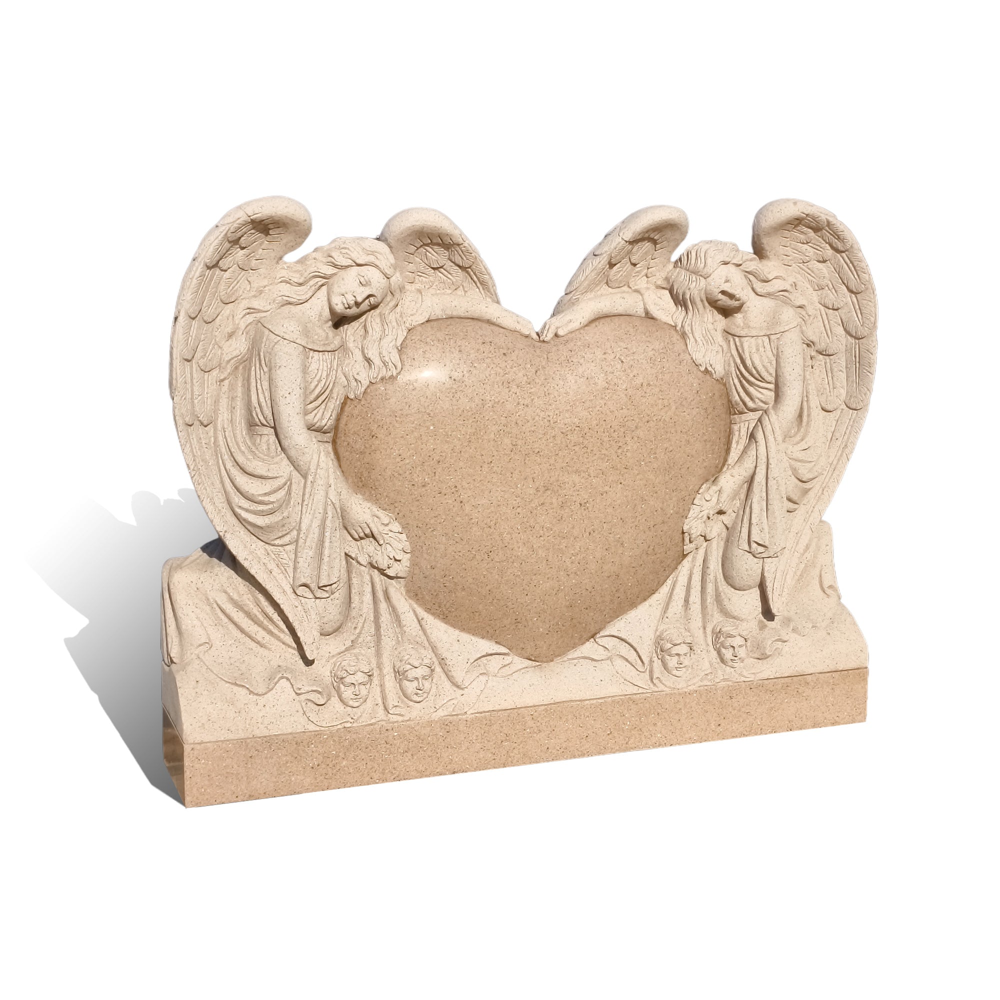 sesame red granite heart angel tombstone product image on white background showing engraving area and wing relief detail