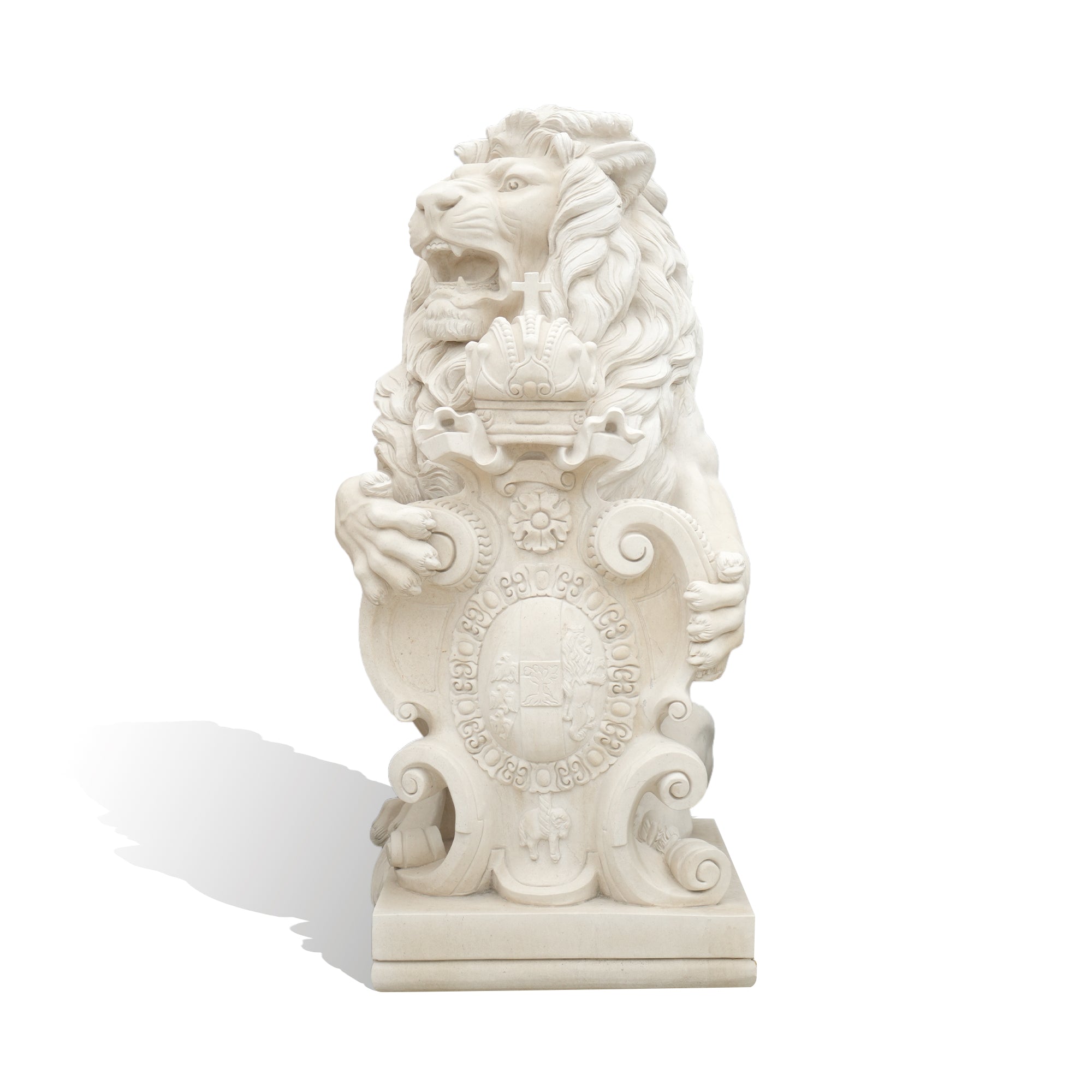 Full view of the lion sculpture with a family crest, showing the regal stance and the beautifully detailed body and head of the lion
