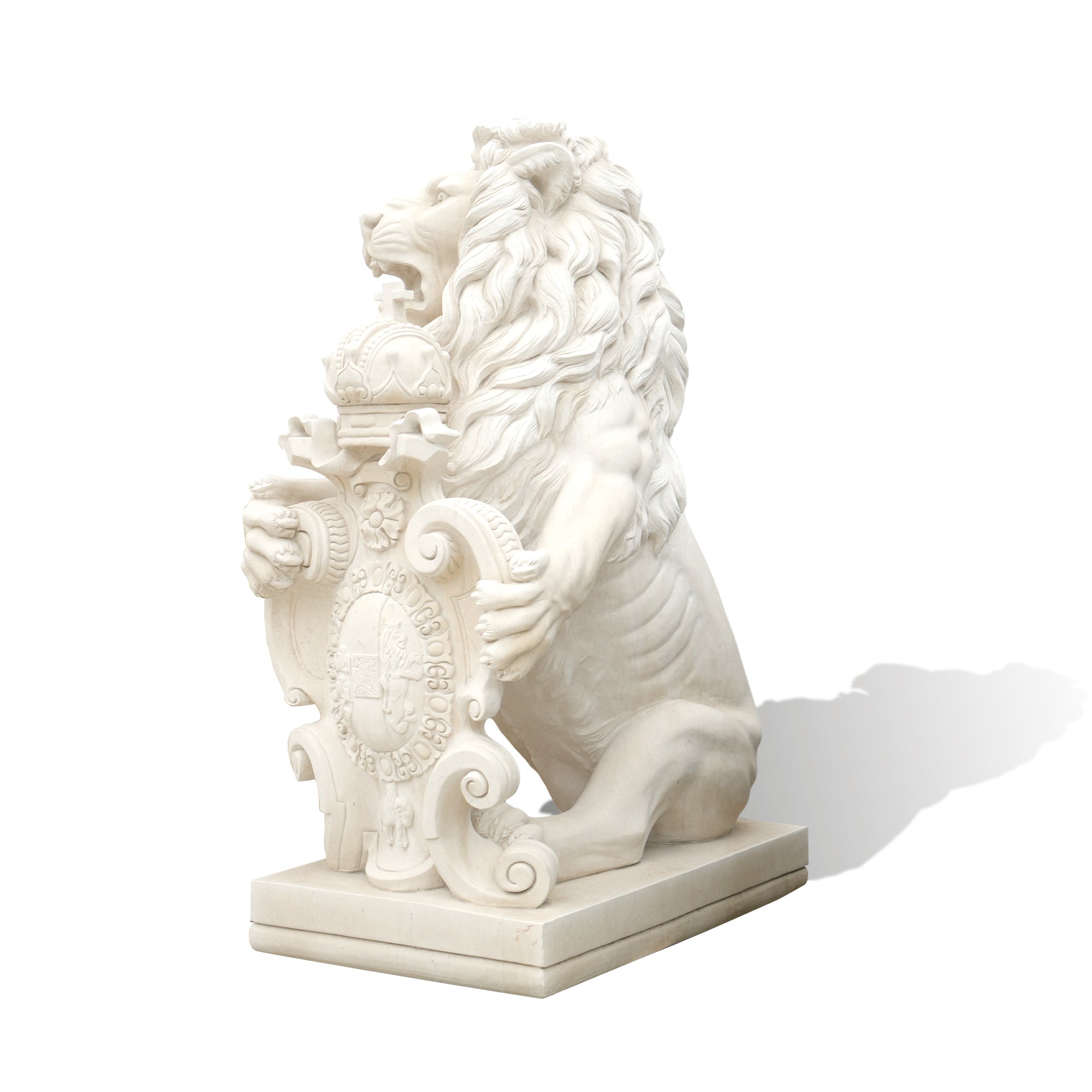 Another side view of the lion sculpture, emphasizing the fine details of the lion's body and the family crest it holds.