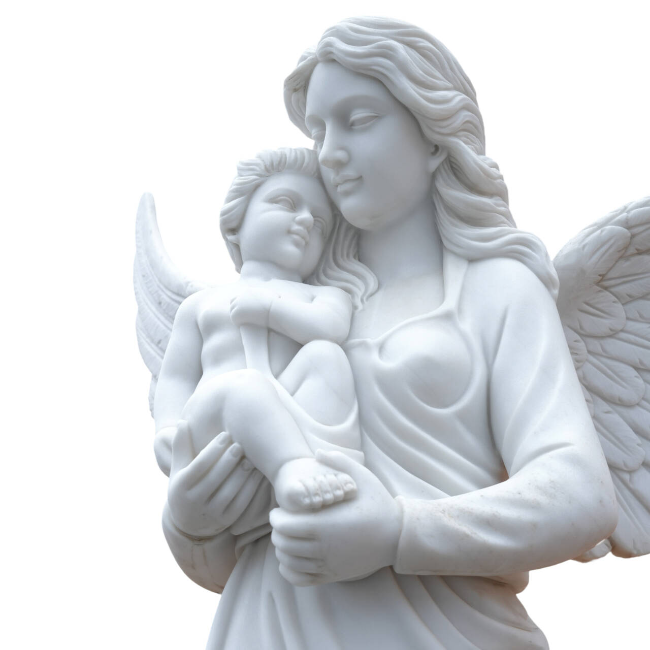 Close-up of a white marble angel statue, depicting a mother lovingly holding a child, crafted with fine details and emotional depth.