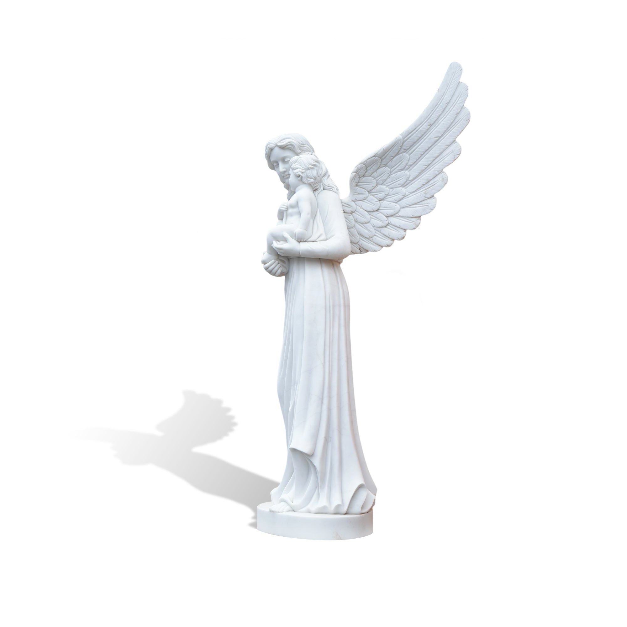 A marble angel holding a child, standing as a powerful memorial piece, representing eternal love and comfort in a peaceful graveyard.