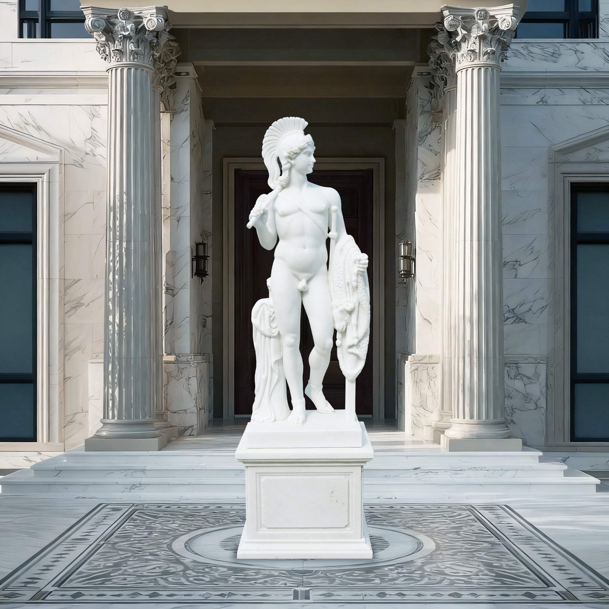 A white marble Achilles sculpture placed in front of grand columns, standing tall with a shield and spear, in heroic stance.