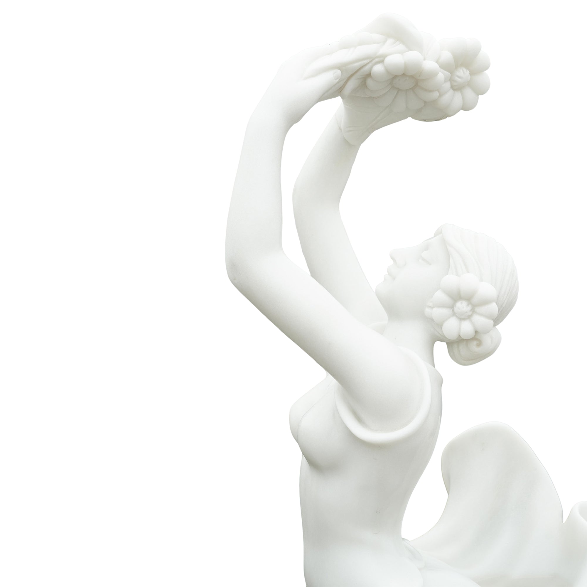close up marble lady sculpture upper body flower wreath carved hair detail white marble outdoor statue