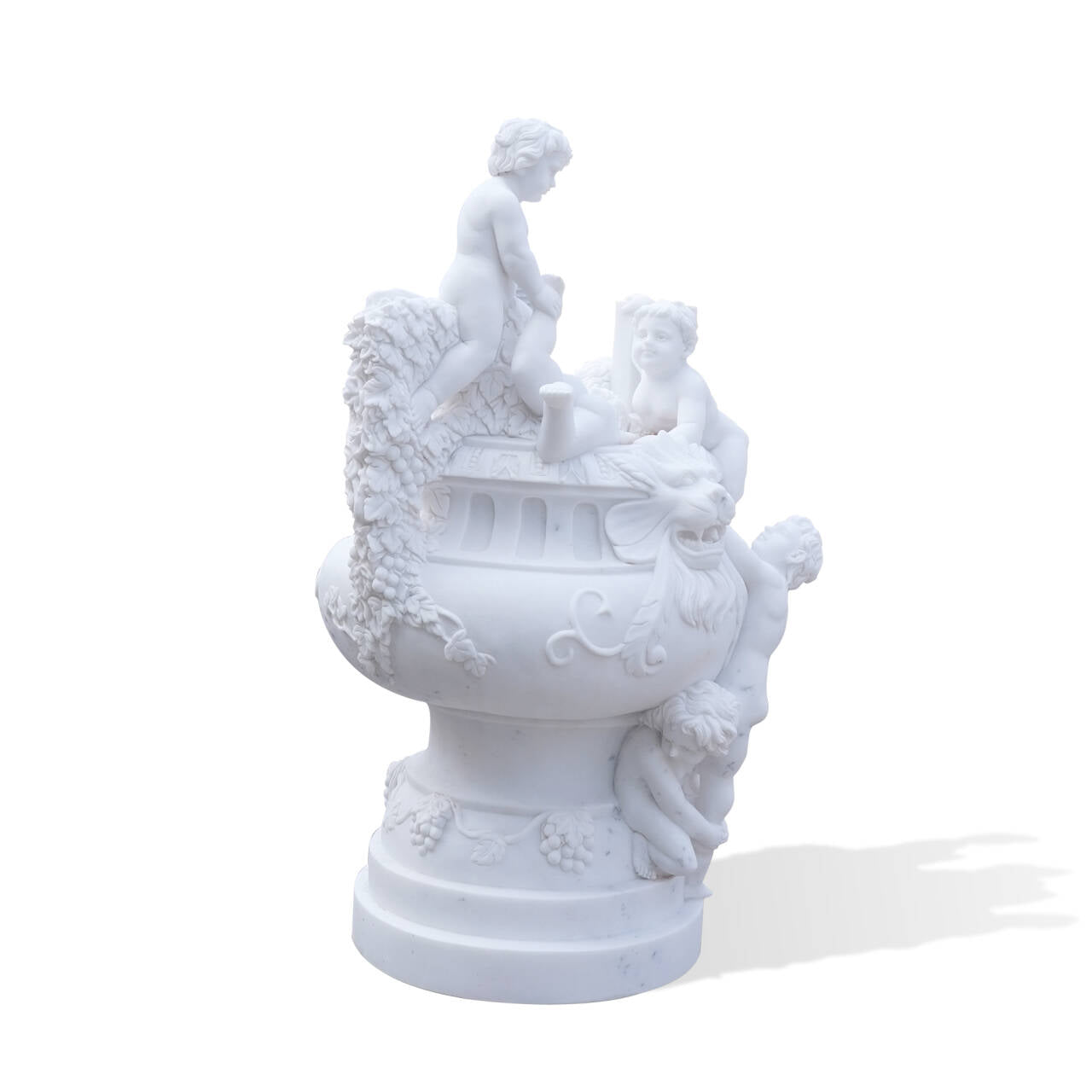 back view of white marble cherub sculpture with grapevine relief and hand-carved putti details, ideal for classical gardens and outdoor spaces.