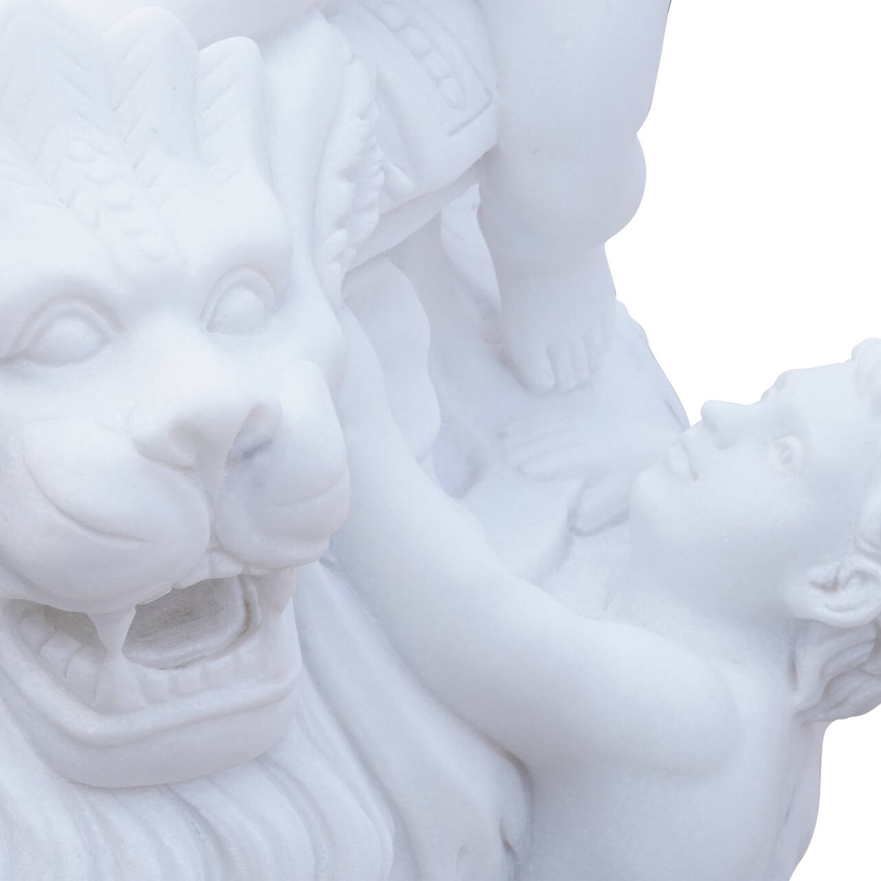 white marble lion head with putti figure climbing, intricate hand-carved detail from classical marble sculpture ideal for garden ornaments and villas.