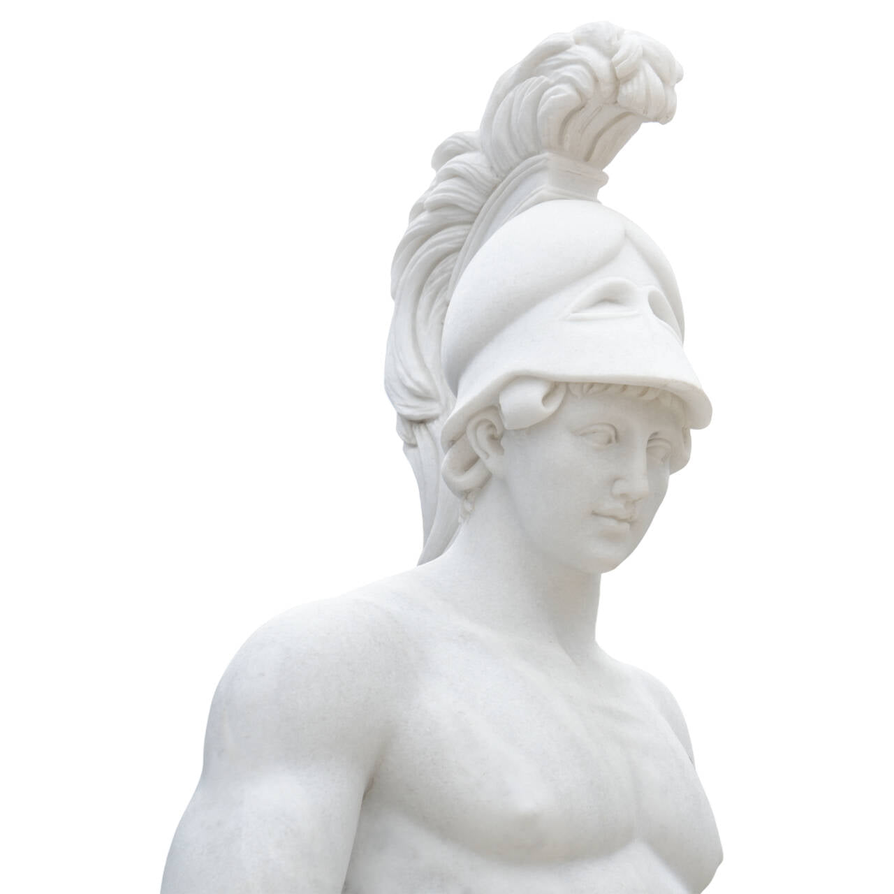 marble mars statue head detail with plumed helmet and calm facial expression