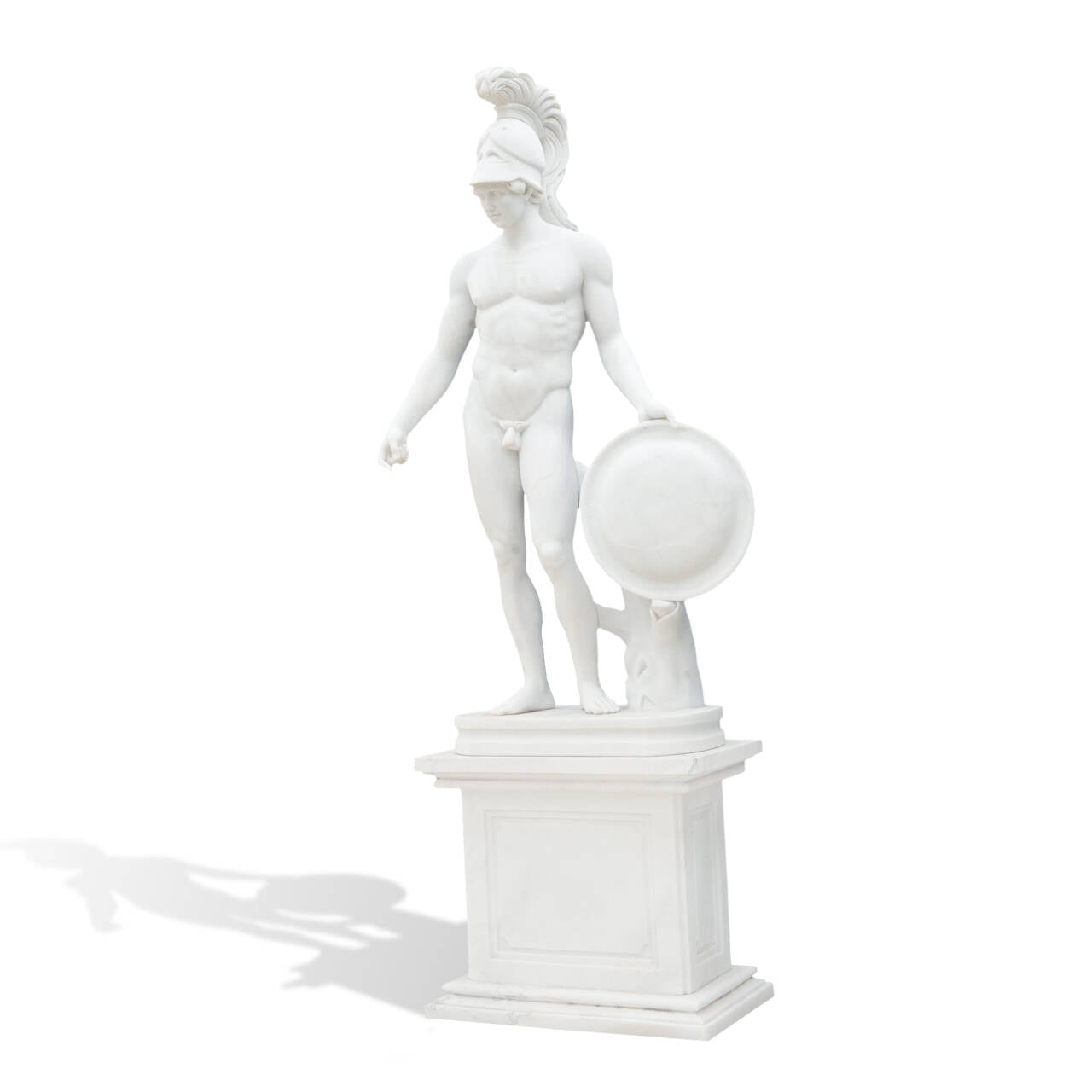 marble mars roman warrior statue angled view showing plumed helmet and round shield