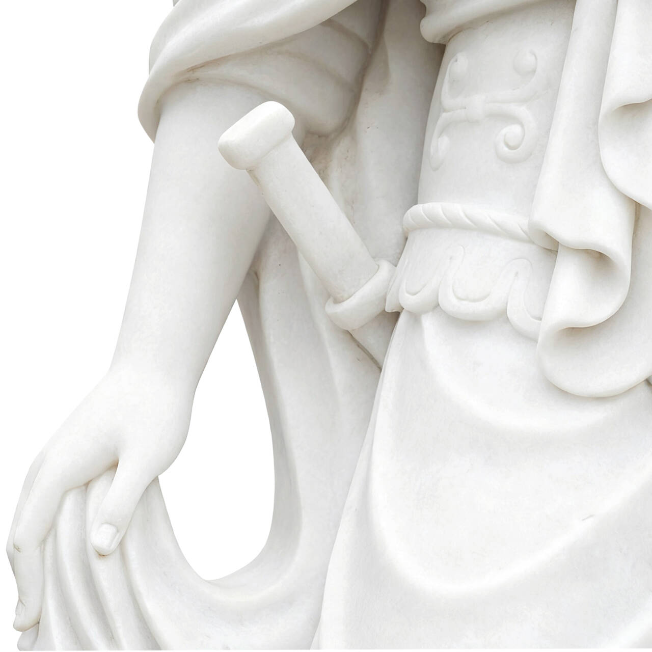 minerva statue hand with drapery and small dagger detail carved in white marble