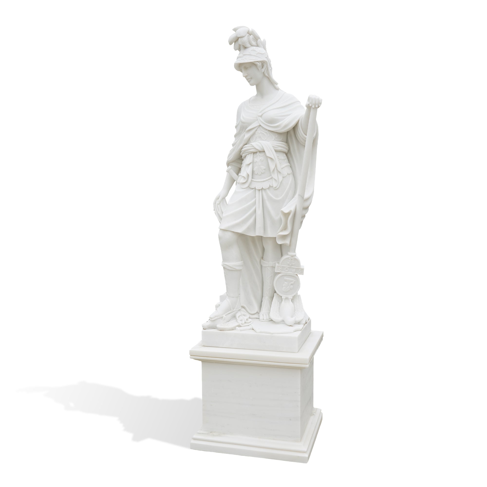 neoclassical athena minerva marble statue three quarter view showing spear and shield for sale