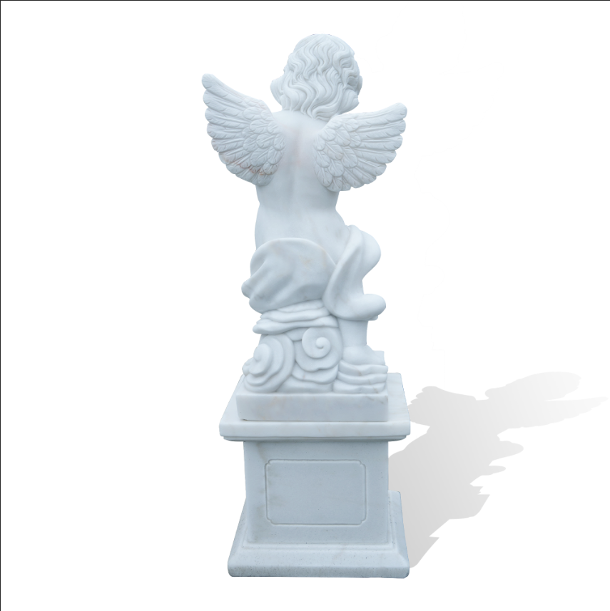 rear view of marble cherub angel sculpture with finely carved wings and curly hair, childlike figure playing flute in neoclassical style