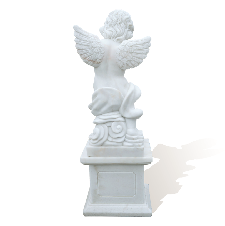 rear view of marble cherub angel sculpture with finely carved wings and curly hair, childlike figure playing flute in neoclassical style