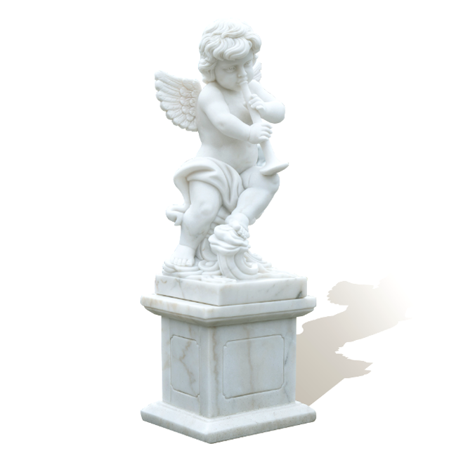 marble cherub angel statue showing young child with delicate wings holding a flute, suitable for interior decoration or cultural gallery display