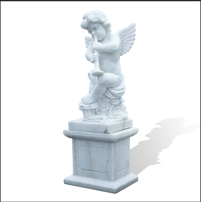 marble cherub angel statue showing young child with delicate wings holding a flute, suitable for interior decoration or cultural gallery display
