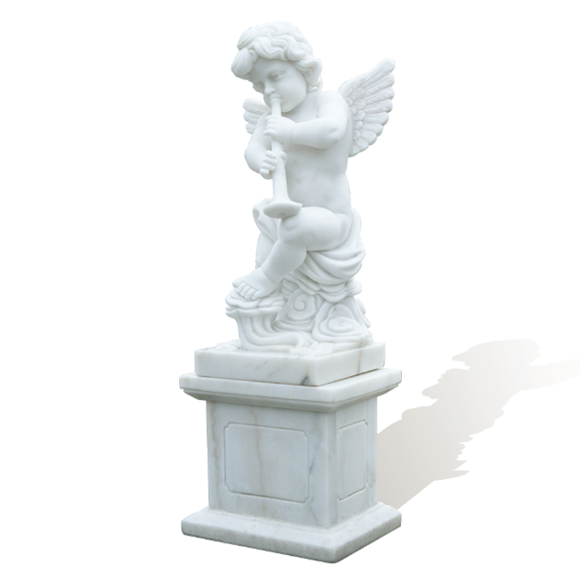 marble cherub angel sculpture of a child playing flute with graceful wings and drapery, ideal as decorative statue for outdoor garden or villa courtyard