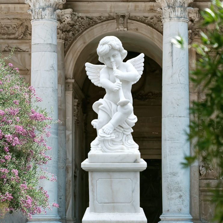 white marble cherub angel statue of a curly haired child playing a flute, classical hand carved sculpture for indoor foyers or outdoor gardens