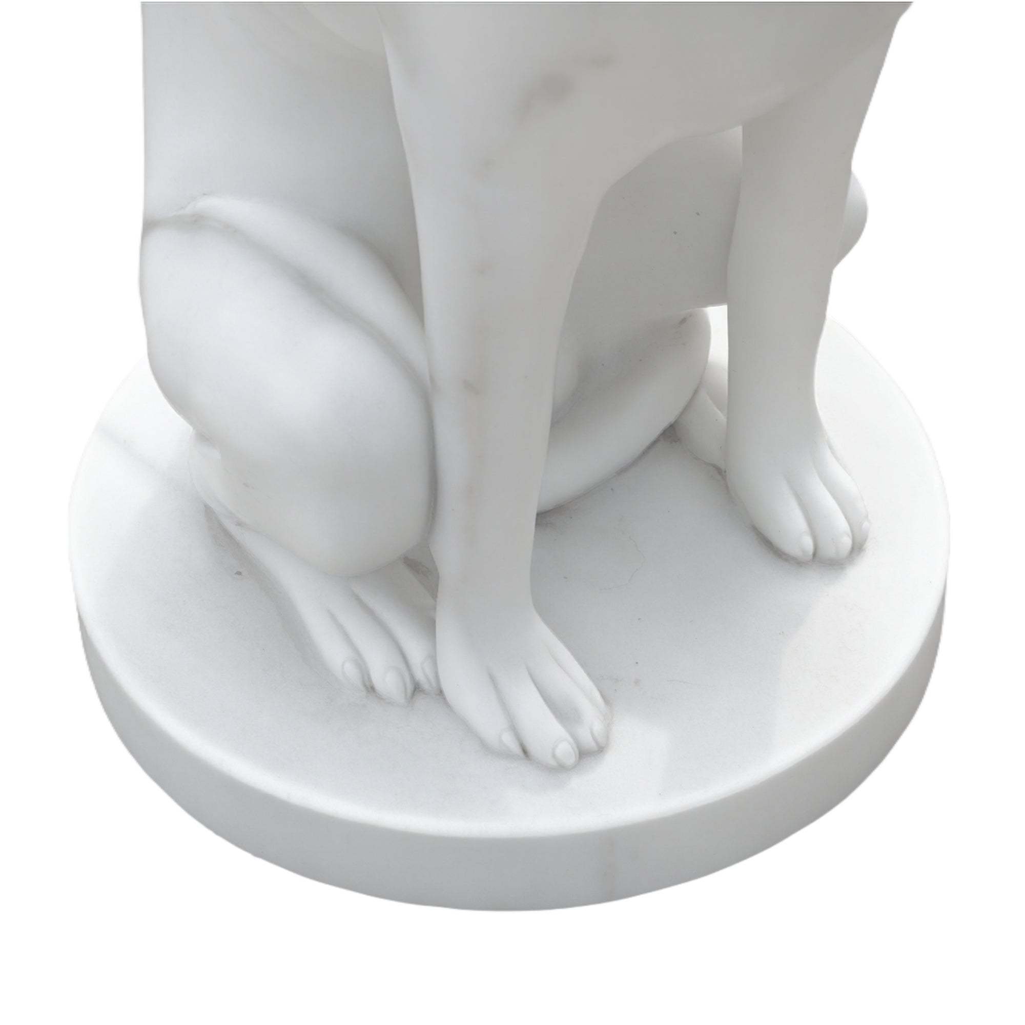 close up of white marble dog statue paws and round pedestal detail