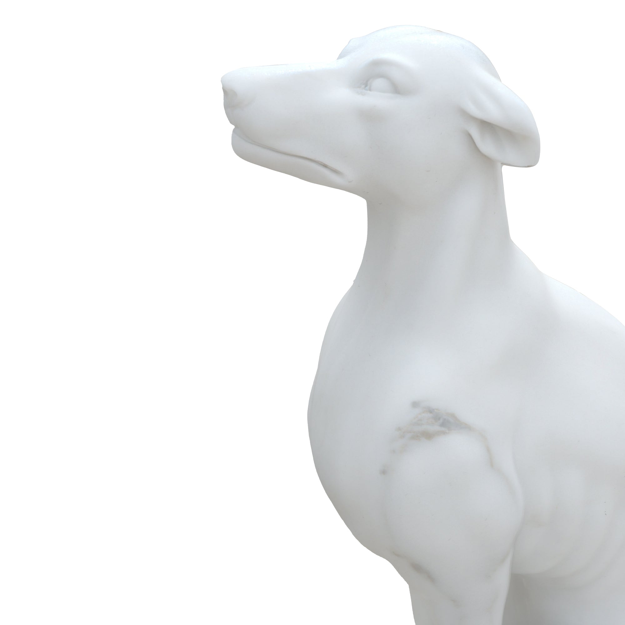side view of natural white marble dog statue with elegant posture and detailed carving