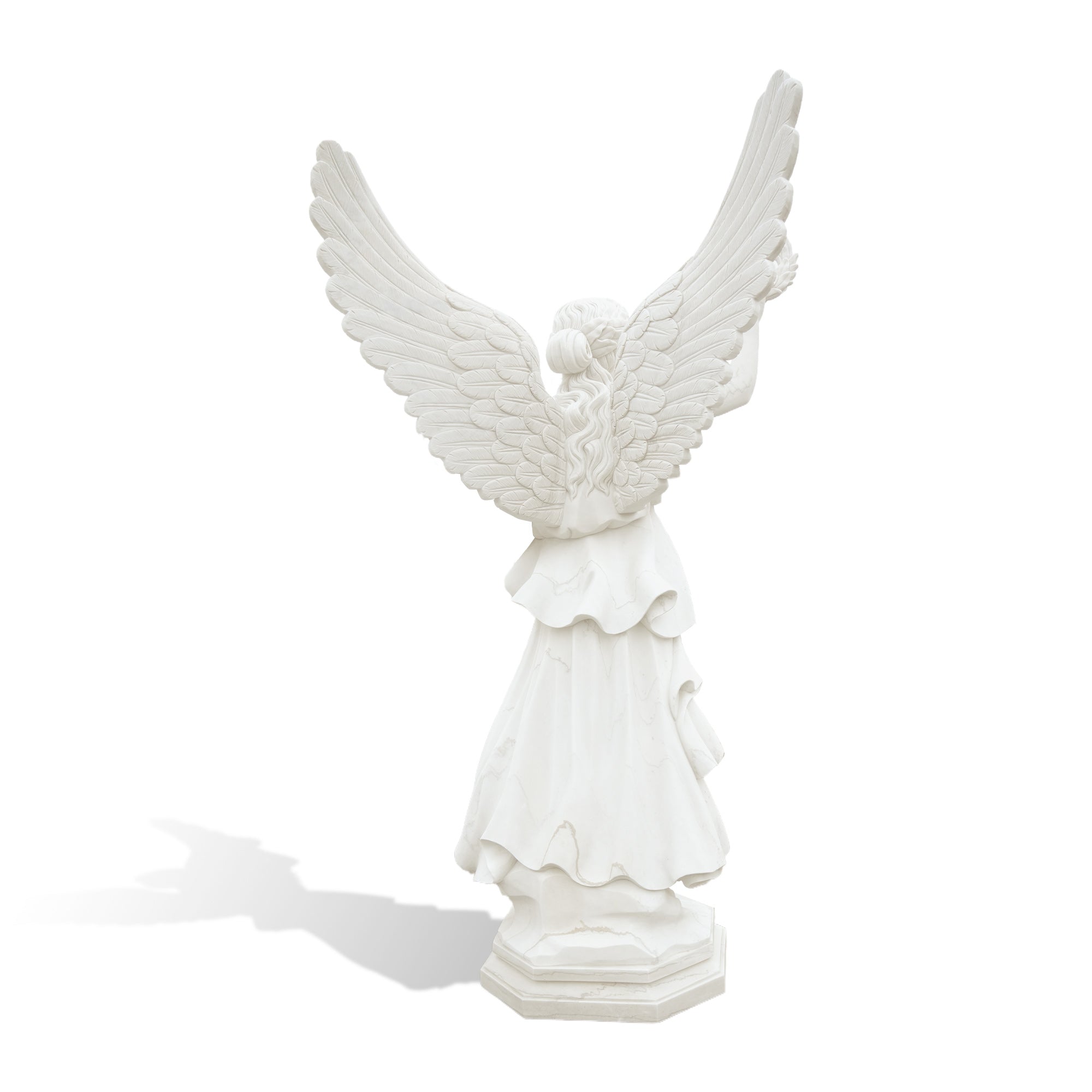 Back view of marble goddess Victoria statue showing detailed angel wings and classical drapery