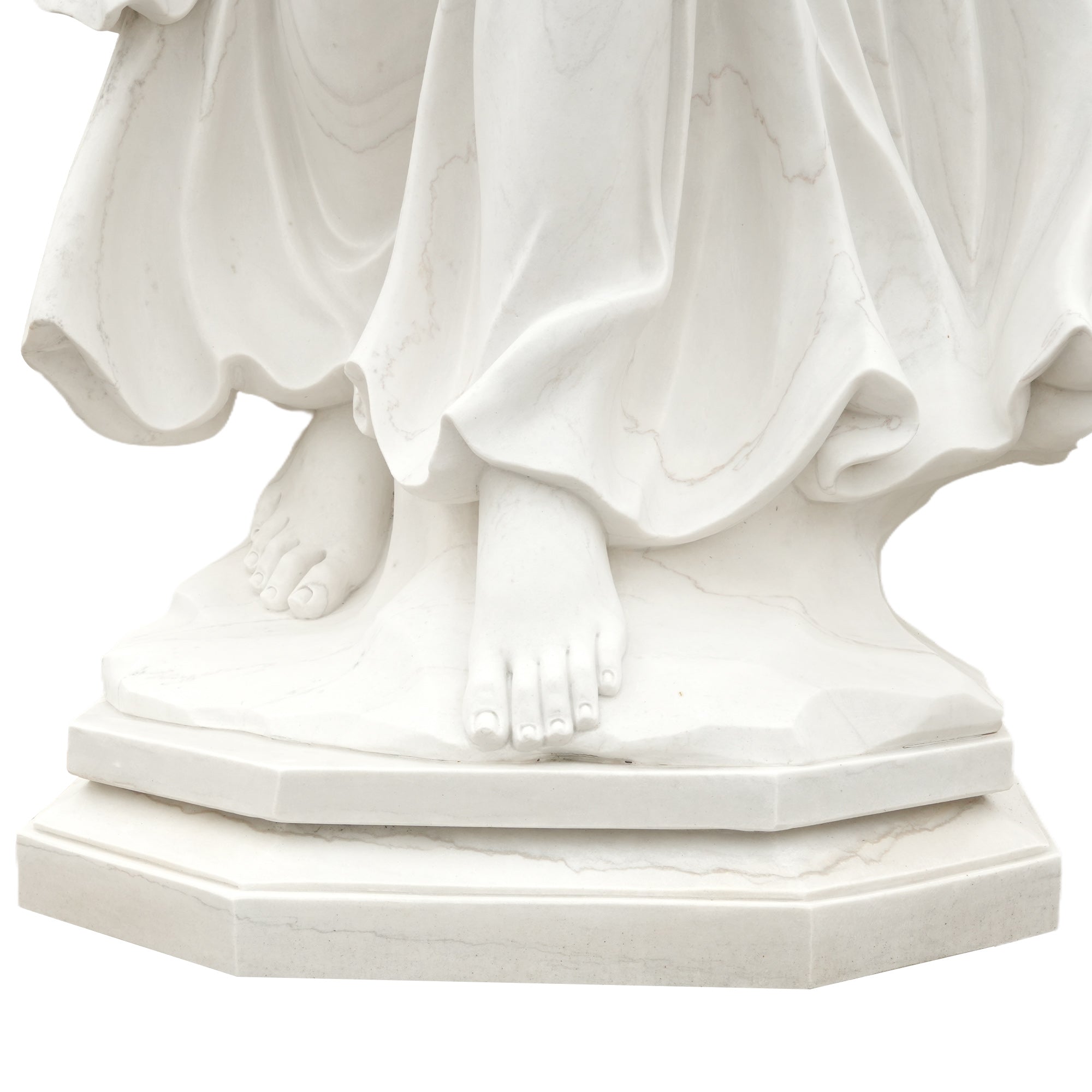 Foot and pedestal detail of white marble goddess Victoria statue, classical Roman style sculpture for luxury courtyards