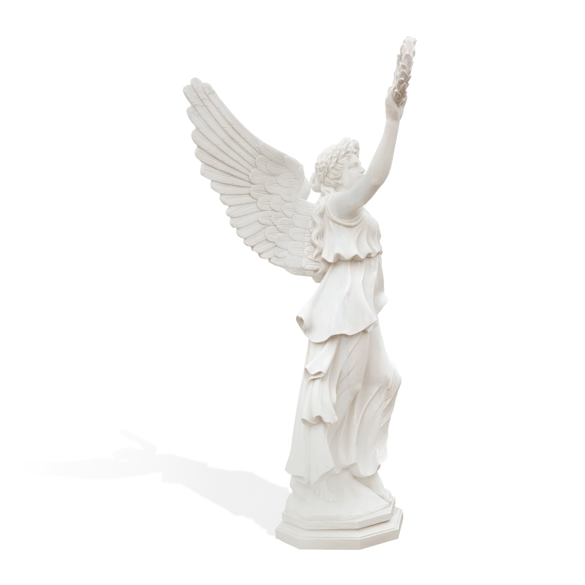 Left side view of white marble angel goddess statue with detailed wings and robe, elegant Roman replica sculpture