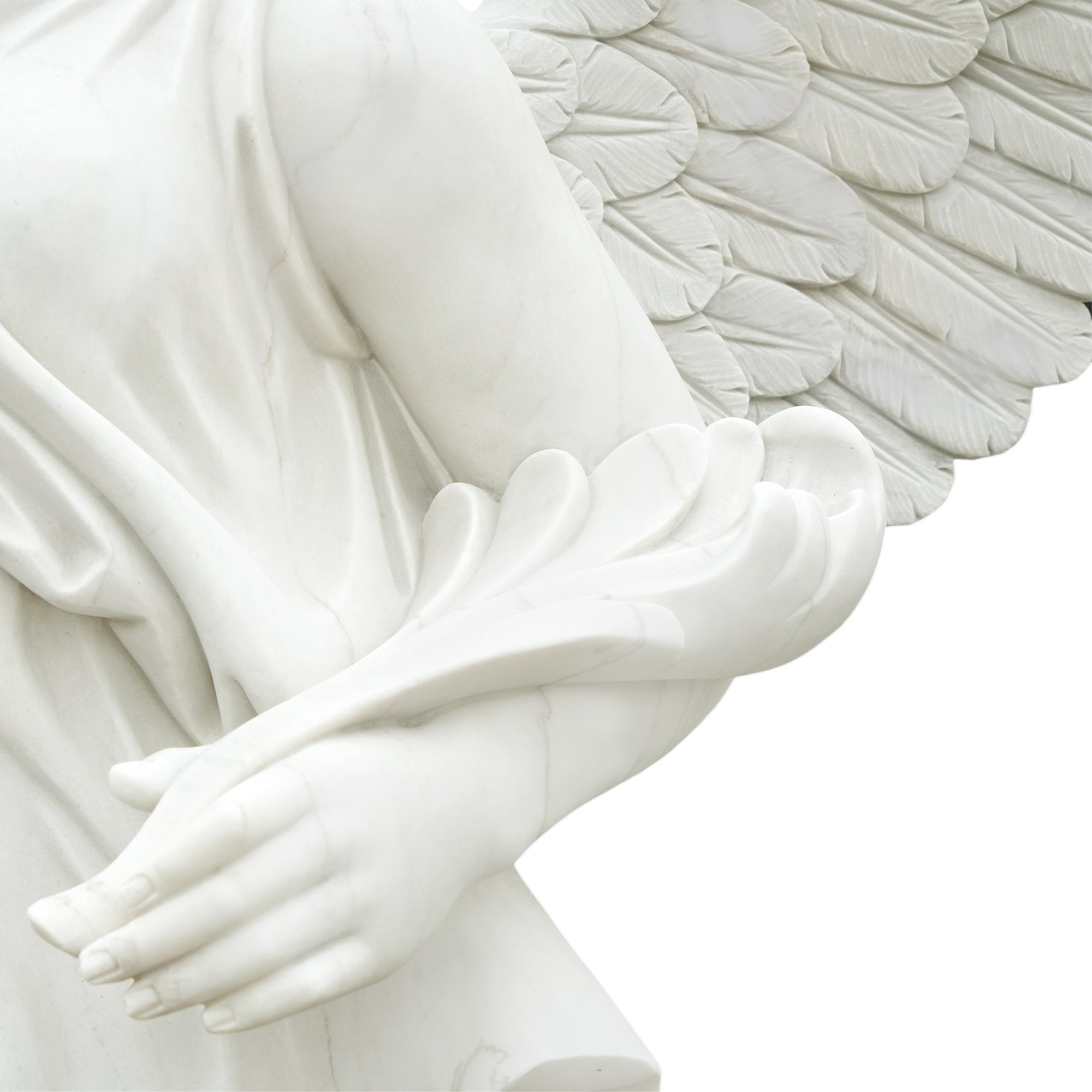 Detail of marble statue showing goddess Victoria’s hand with palm branch and finely carved feathered wings
