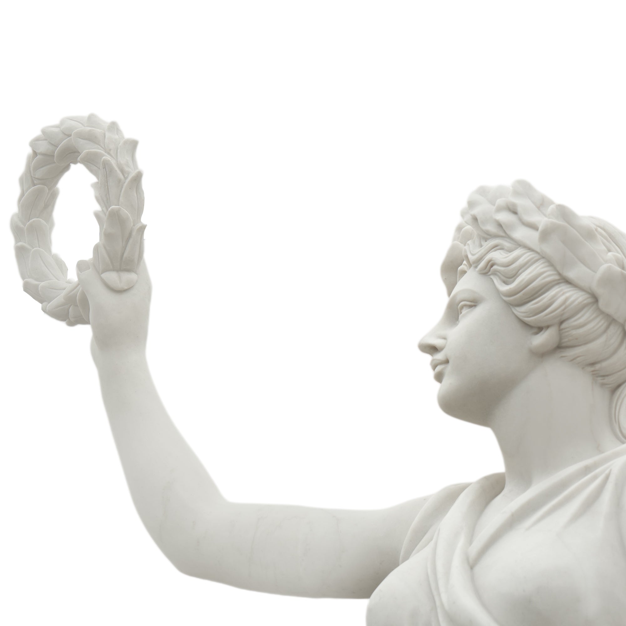 Close-up of goddess Victoria marble statue head with laurel crown and raised wreath, symbol of triumph and honor
