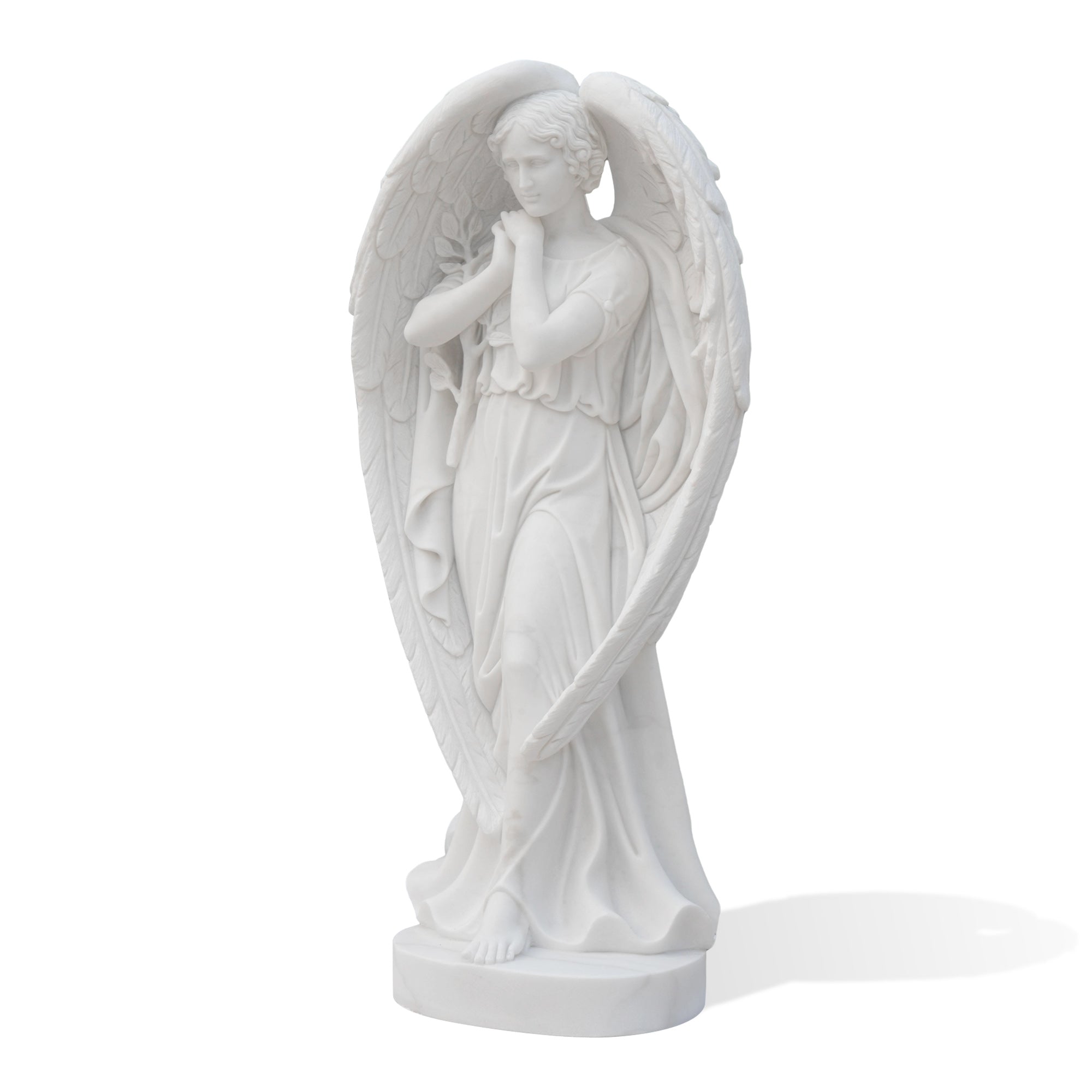 white marble angel memorial sculpture side profile with detailed wings and elegant drapery