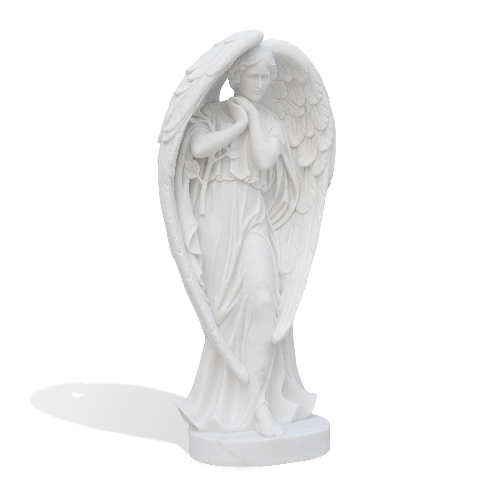white marble memorial angel sculpture full view with folded hands and detailed wings