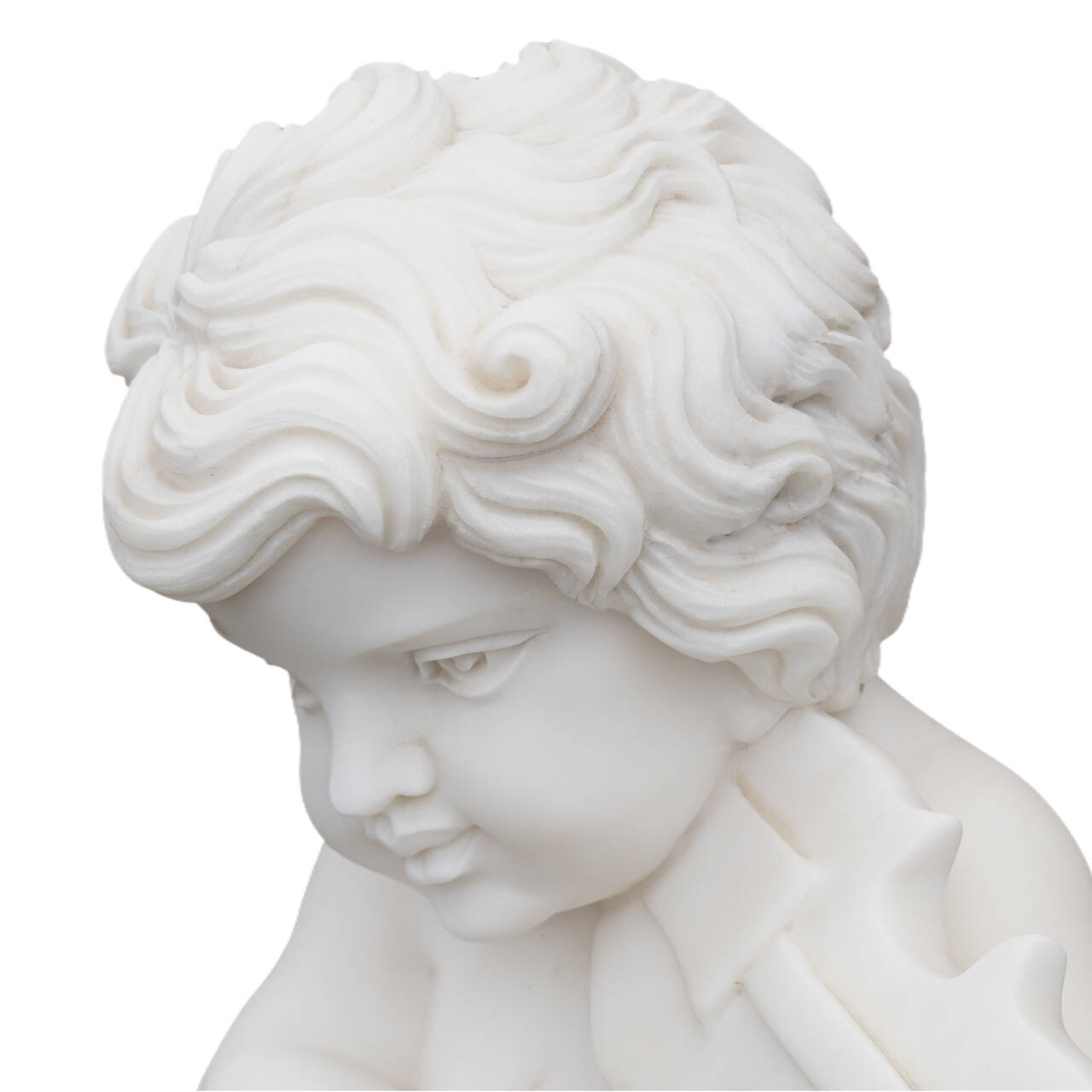 closeup of marble cherub with curly hair and soft facial features holding violin