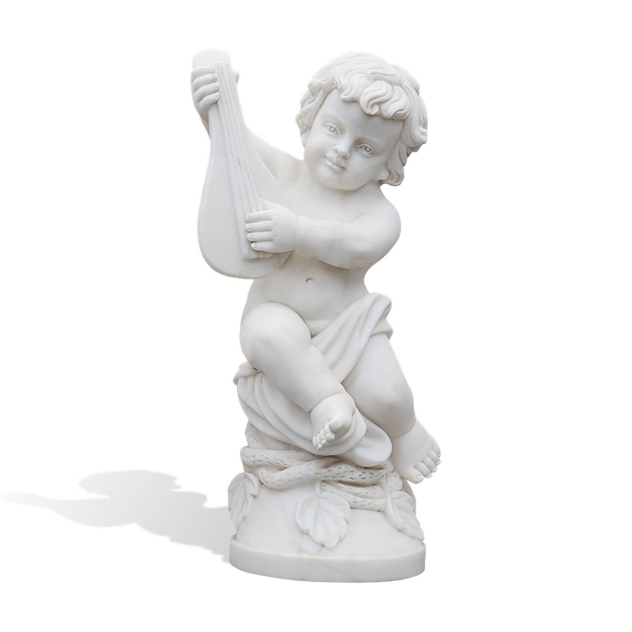 full front view of white marble cherub child musician statue holding a lute on leaf base, hand-carved classical marble artwork