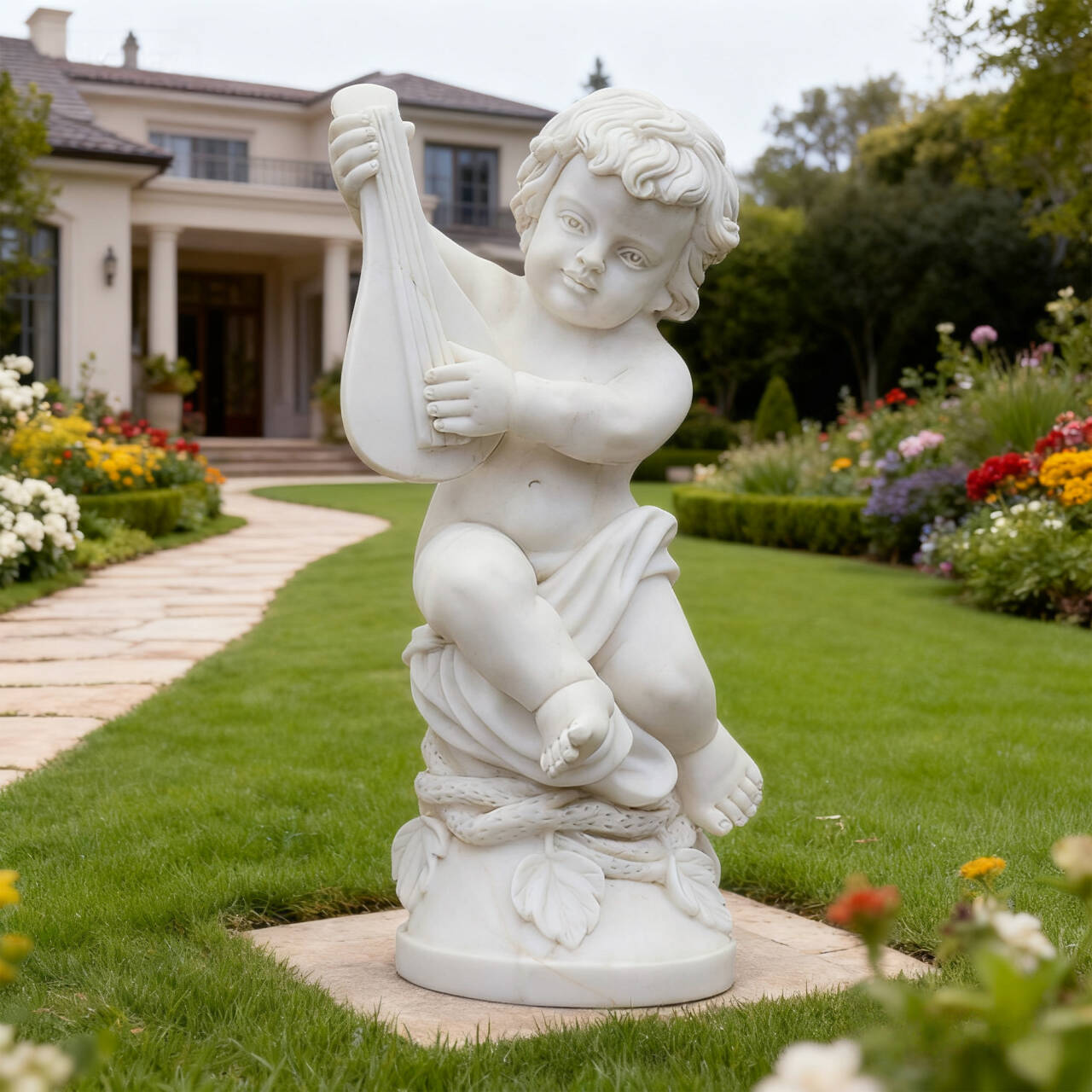 marble cherub child musician statue with lute installed in luxury villa garden, elegant classical outdoor sculpture