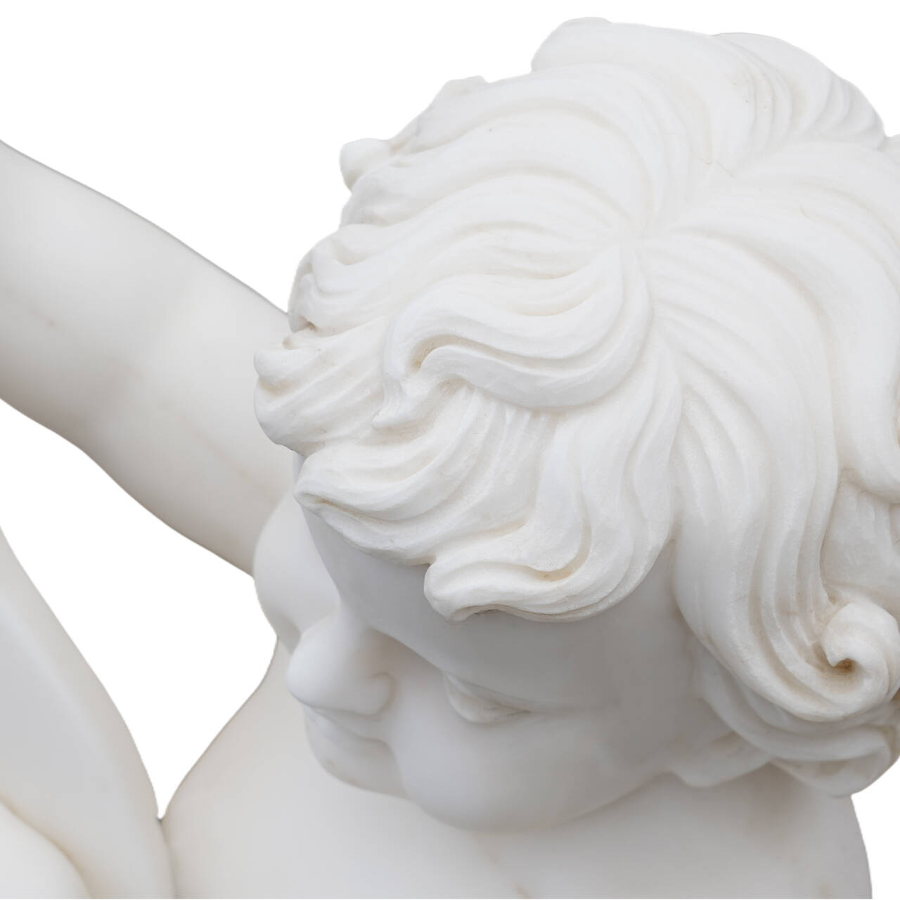 close up of white marble cherub statue with curly hair playing lute classical sculpture detail