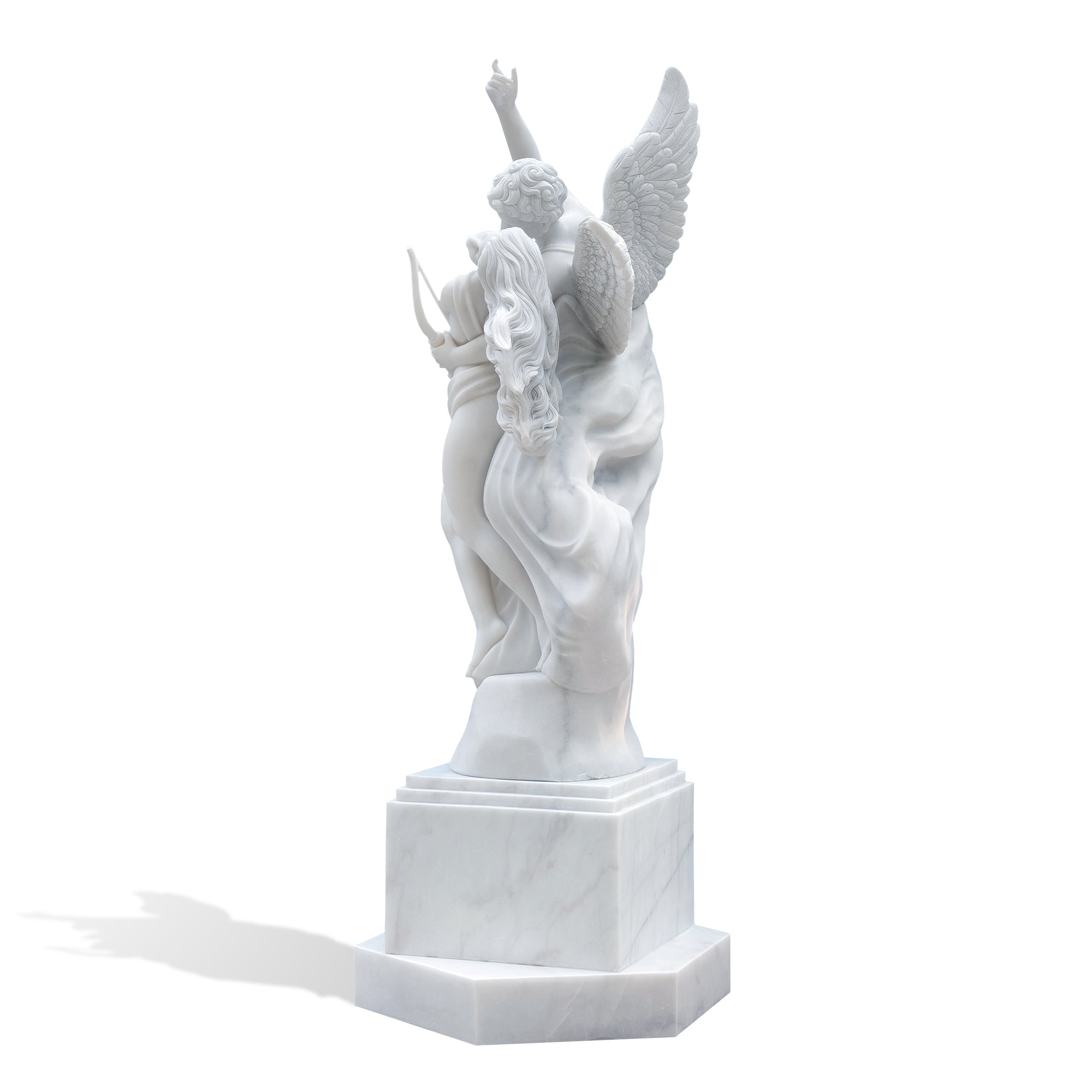 Back view of the Eros and Psyche marble replica statue with pedestal, 96-inch total height, crafted by Finest Sculpture, Allentown Pennsylvania.