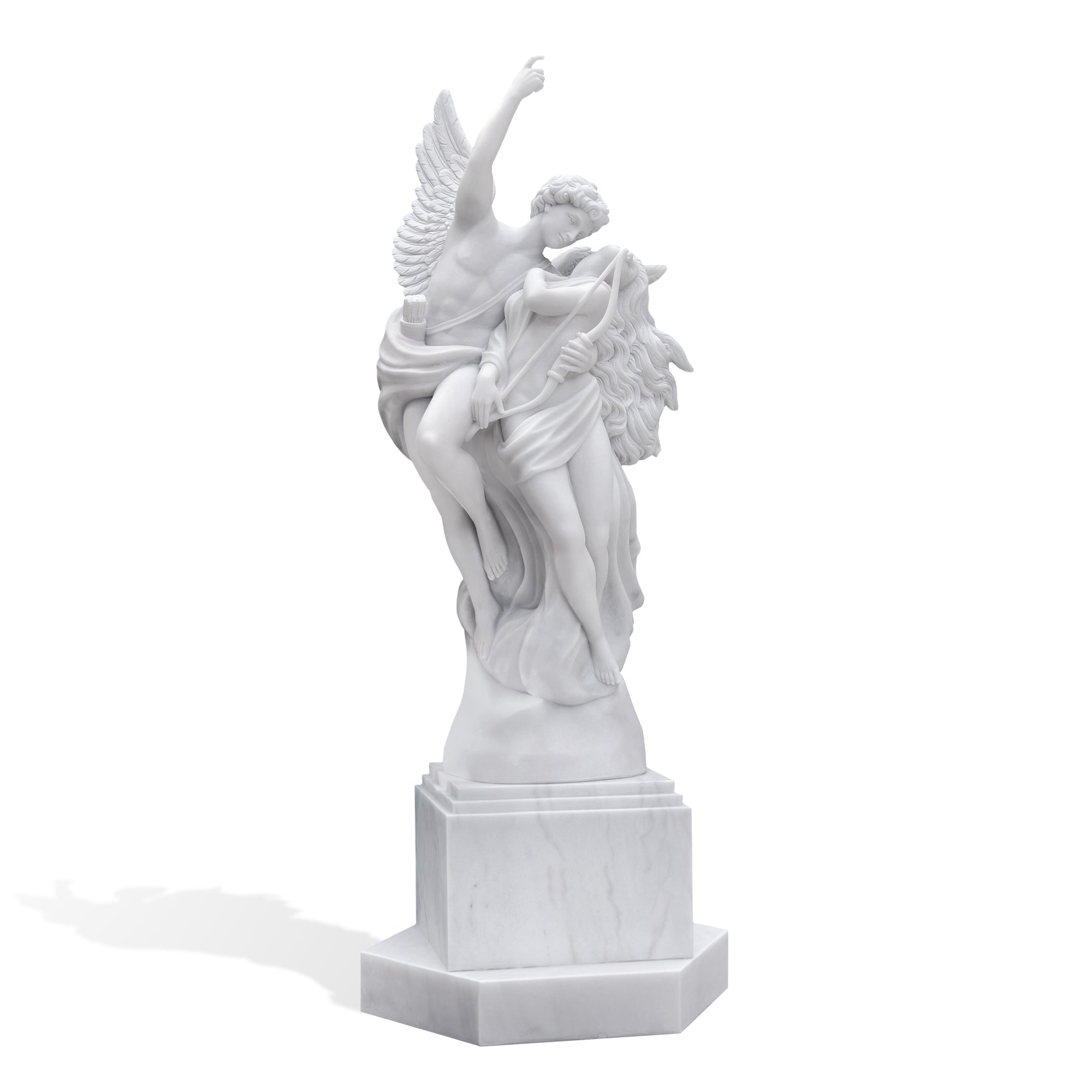 the Eros and Psyche white marble sculpture with pedestal, 96-inch total height, handcrafted classical statue by Finest Sculpture in the USA.