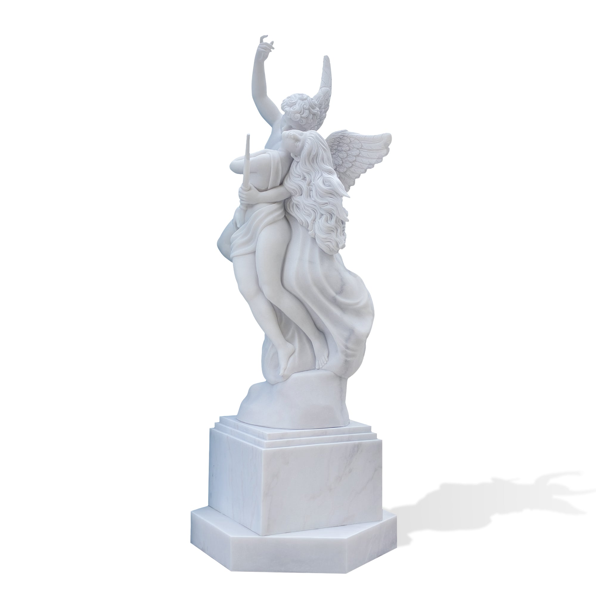 Left side view of the Eros and Psyche marble statue with pedestal, total height 96 inches, designed as a custom public art piece in Allentown.