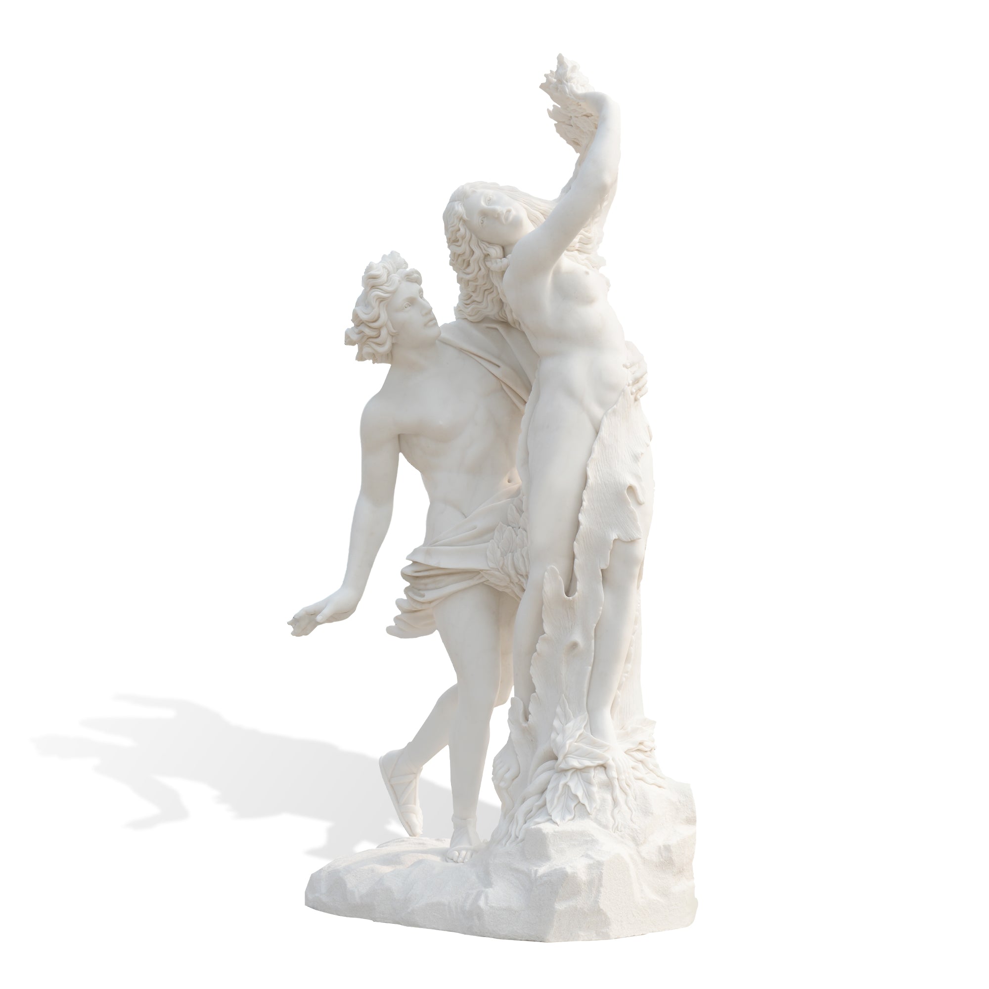 Apollo and Daphne classical marble statue replica, showing dynamic romantic chase scene in refined white marble craftsmanship.