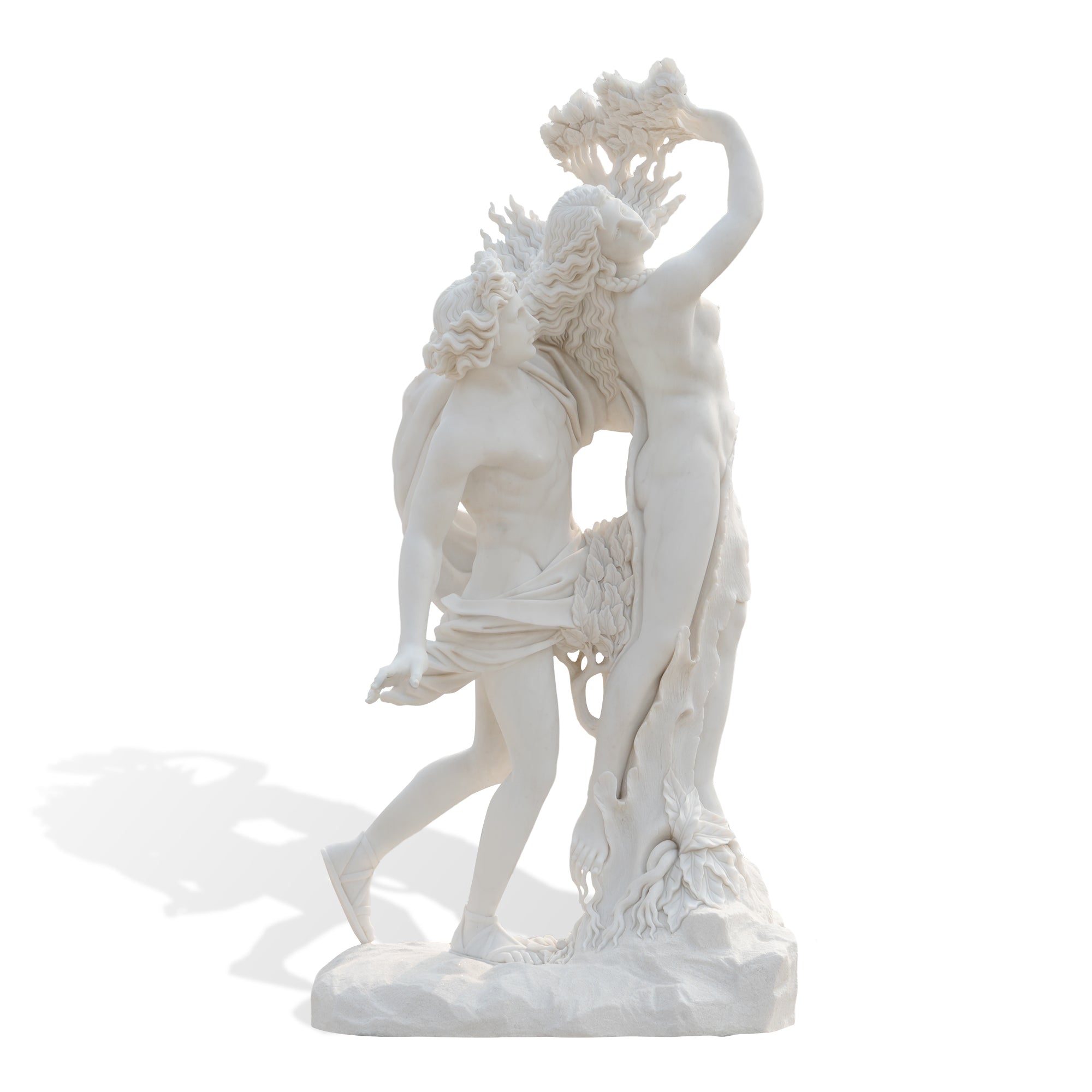 Hand-carved marble Apollo and Daphne replica statue, classical mythological garden sculpture showing detailed transformation into laurel tree.